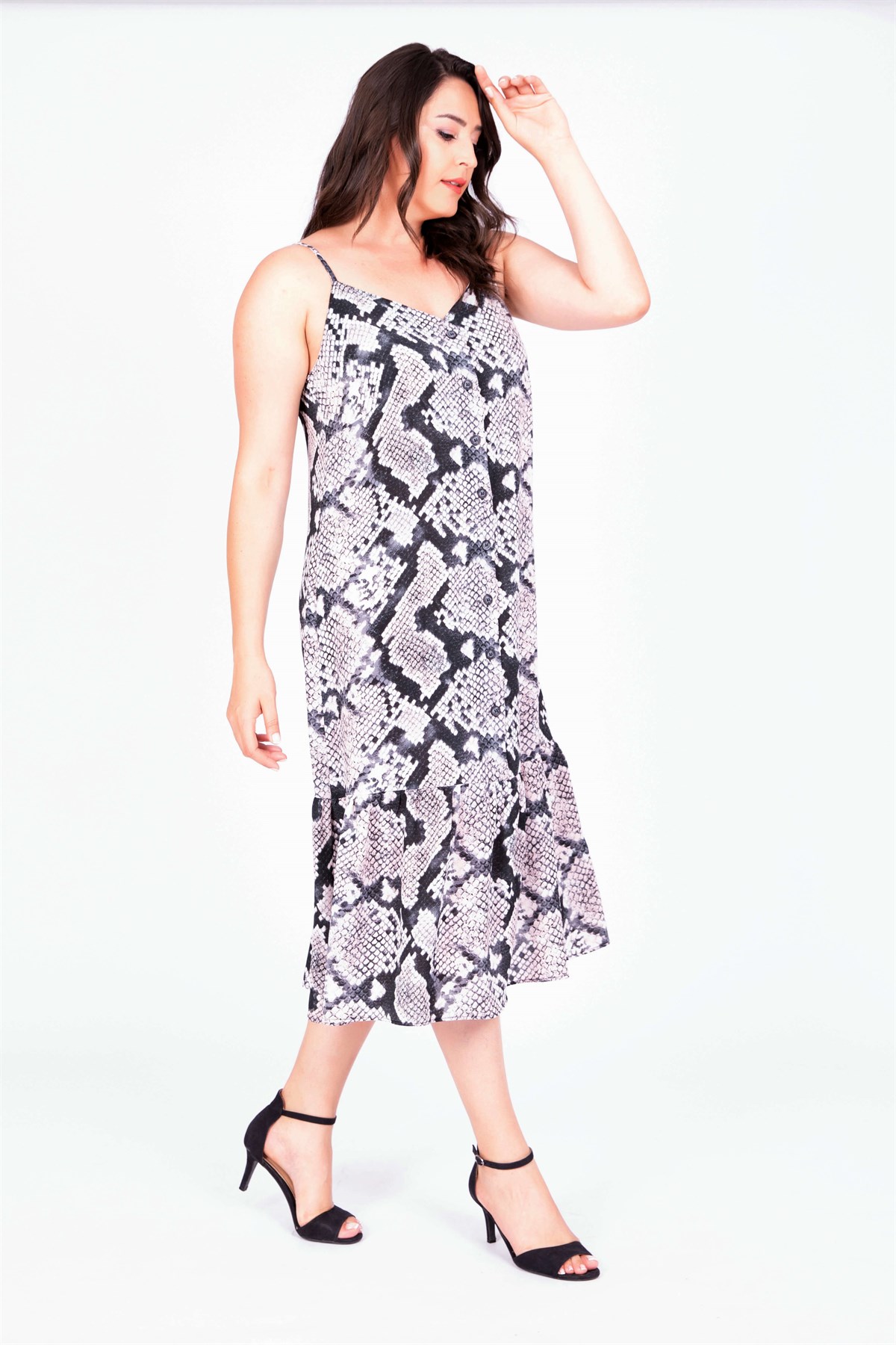 Myline-Önden Düğmeli Eteği Büzgülü Elbise-Büyük Beden Günlük Elbiseler-34781