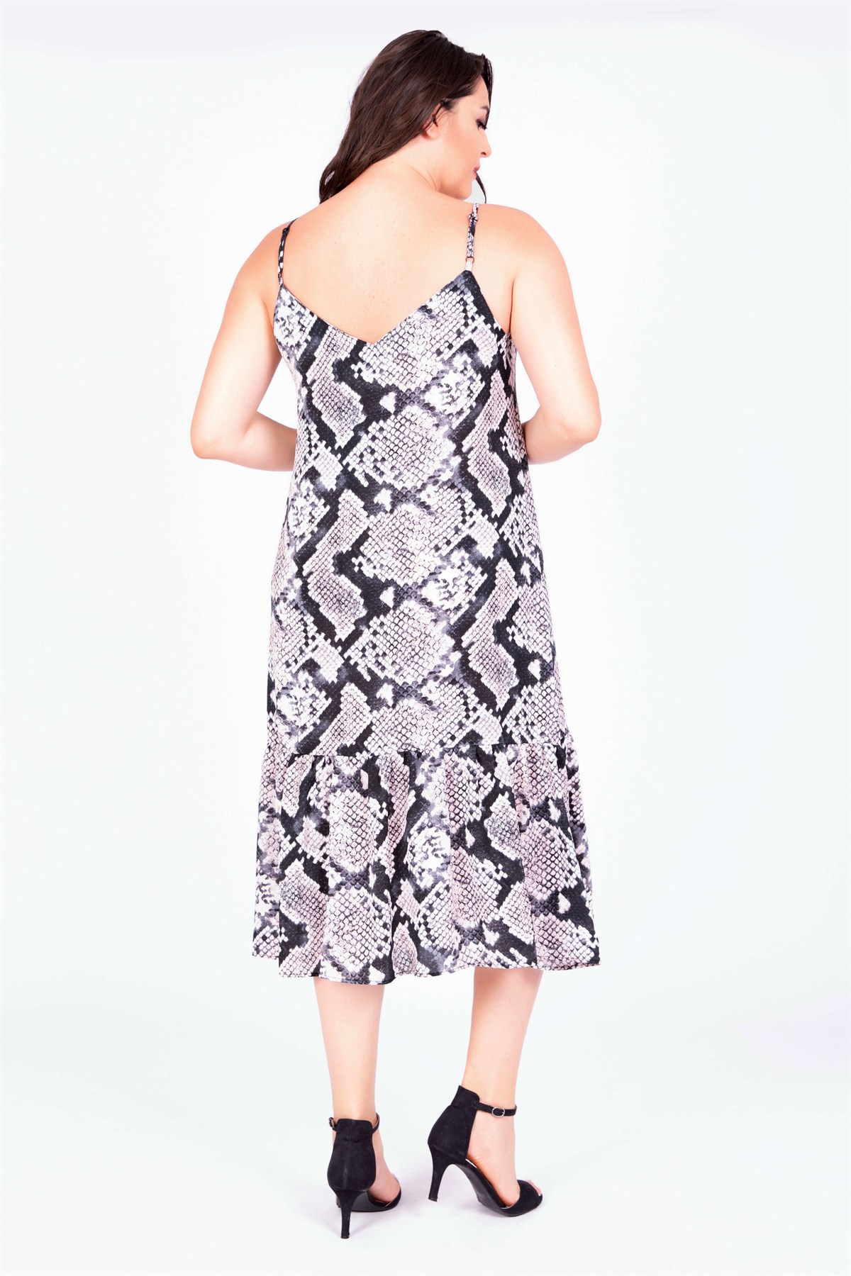 Myline-Önden Düğmeli Eteği Büzgülü Elbise-Büyük Beden Günlük Elbiseler-34781