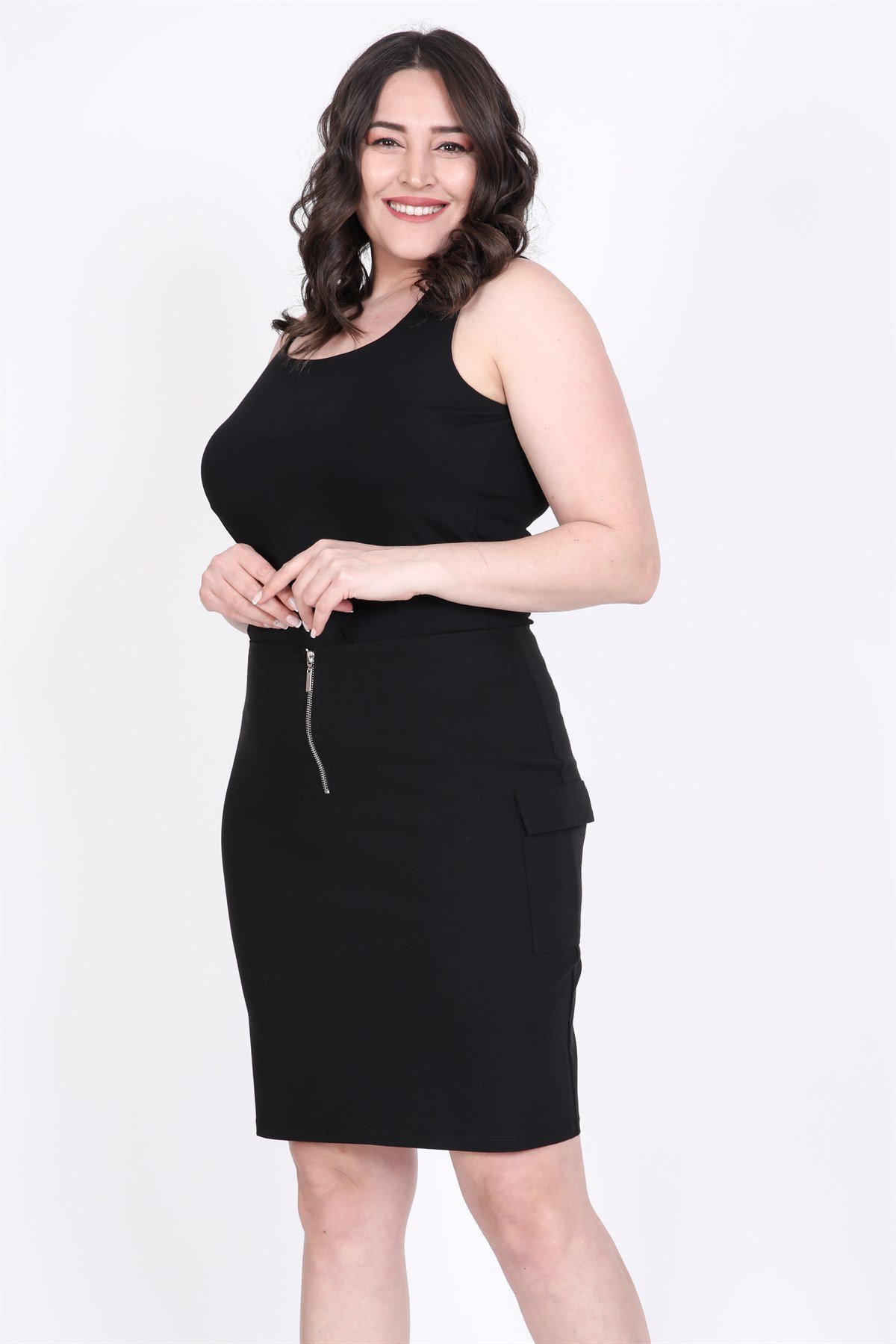 Myline-Önden Fermuarlı Etek-Büyük Beden Etek-35316