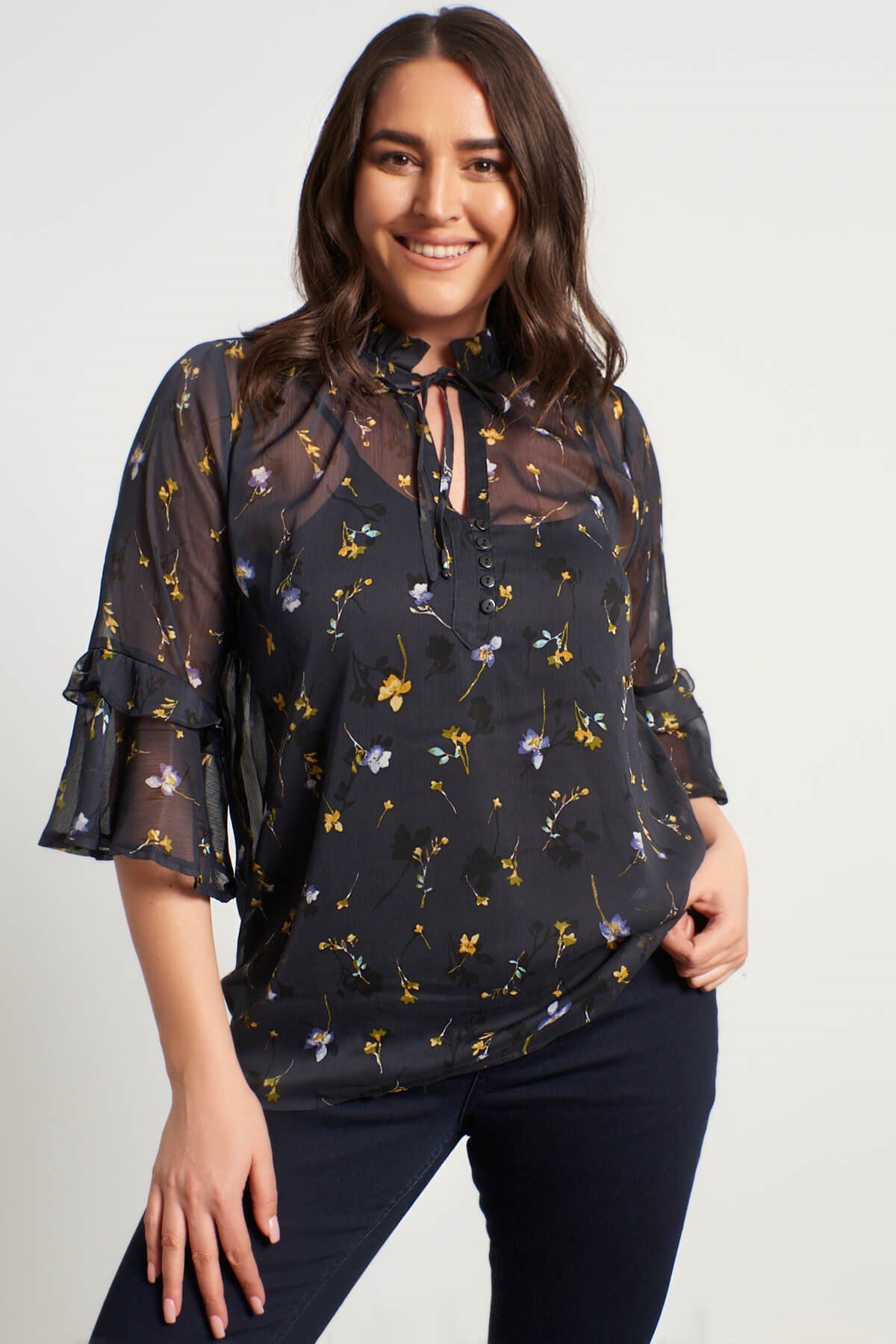 Myline-Önü Bağcıklı Atletli Şifon Bluz-Büyük Beden Bluz-56158