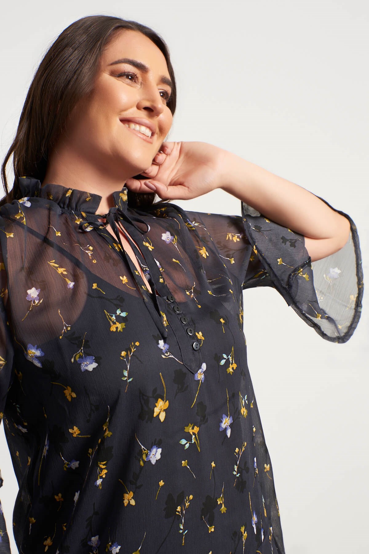 Myline-Önü Bağcıklı Atletli Şifon Bluz-Büyük Beden Bluz-56158