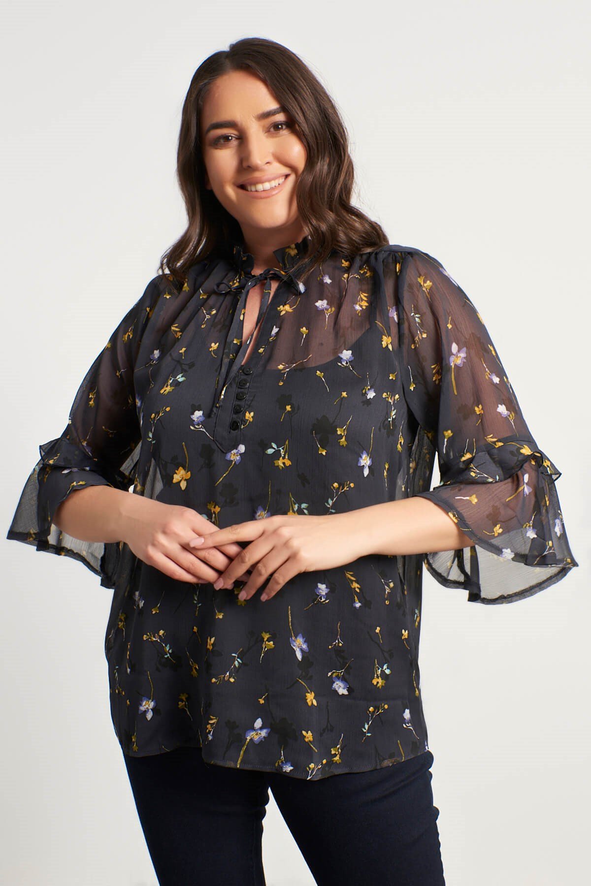 Myline-Önü Bağcıklı Atletli Şifon Bluz-Büyük Beden Bluz-56158