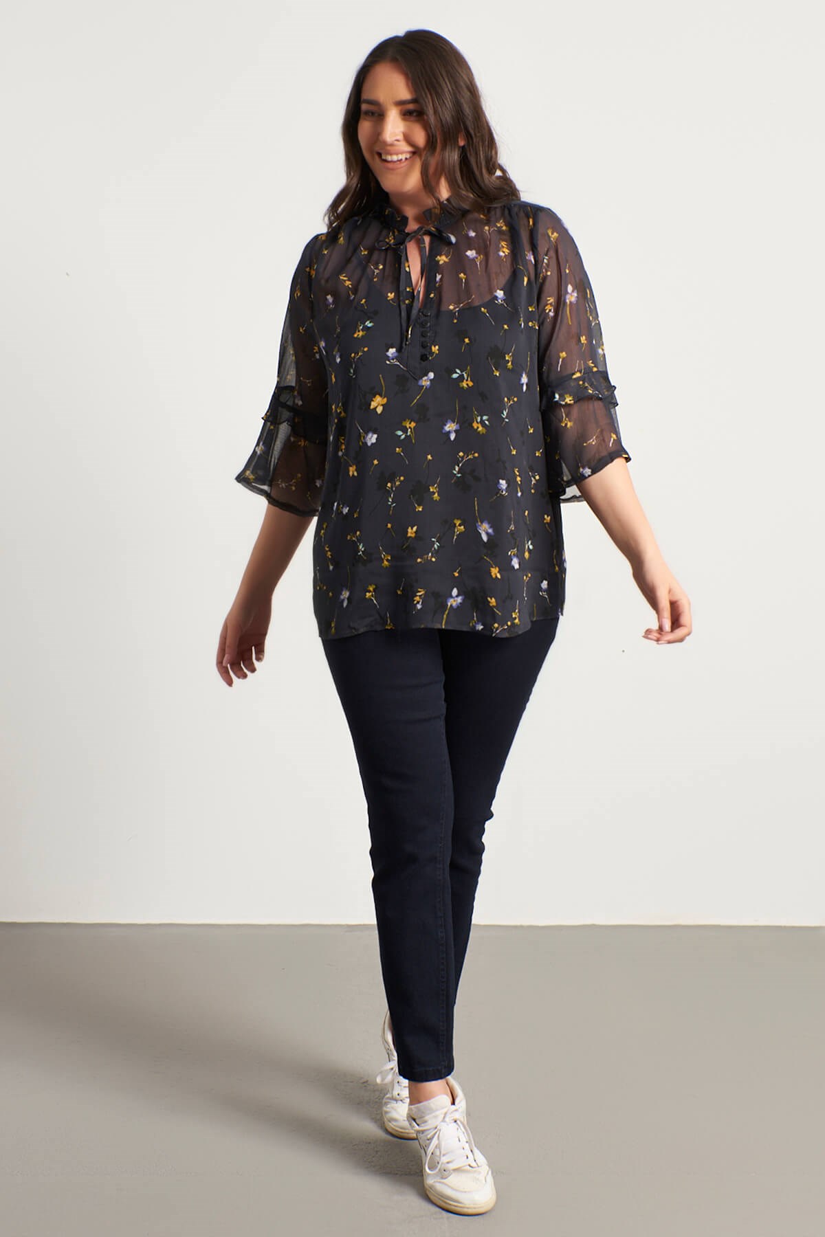 Myline-Önü Bağcıklı Atletli Şifon Bluz-Büyük Beden Bluz-56158