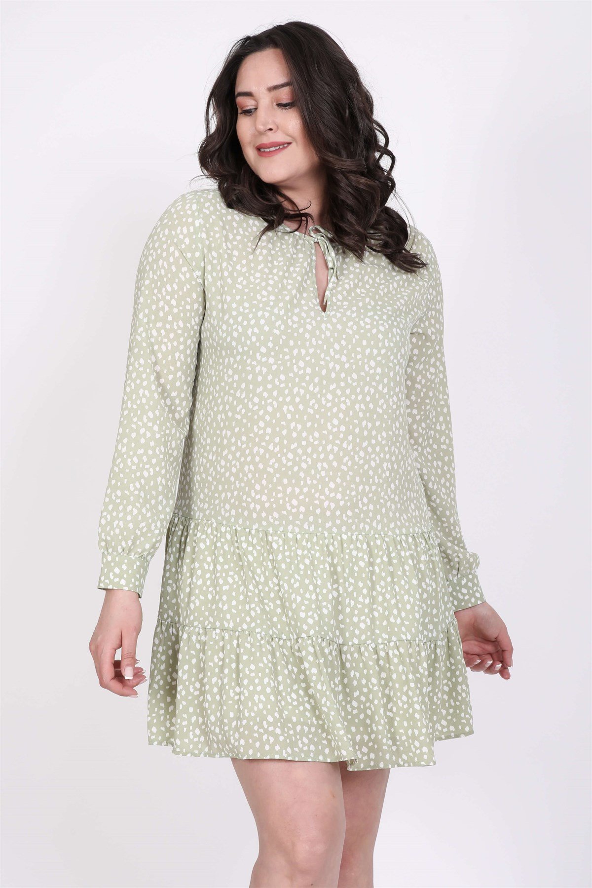 Myline-Önü Bağcıklı Eteği Fırfırlı Elbise-Büyük Beden Günlük Elbiseler-45760