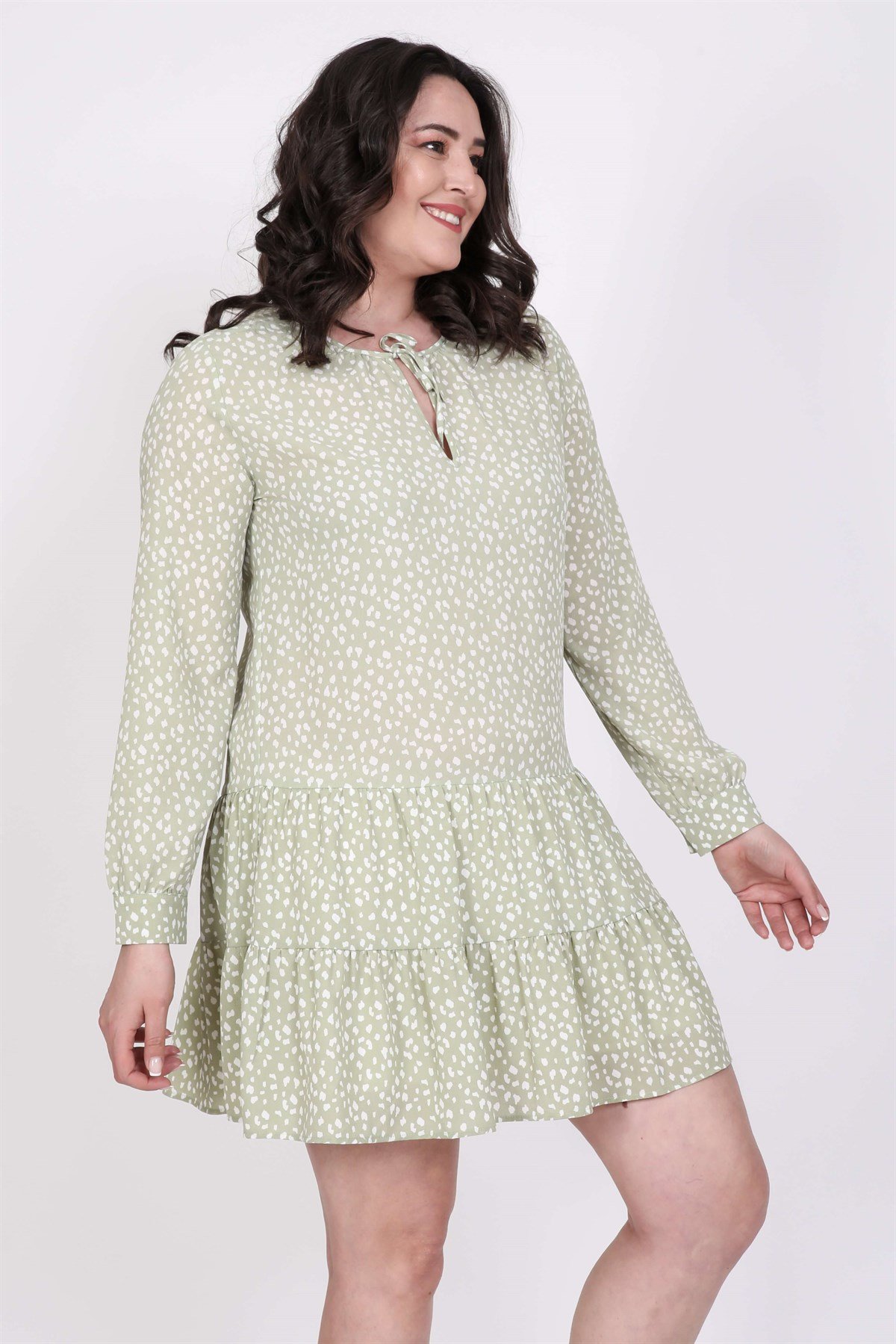 Myline-Önü Bağcıklı Eteği Fırfırlı Elbise-Büyük Beden Günlük Elbiseler-45760