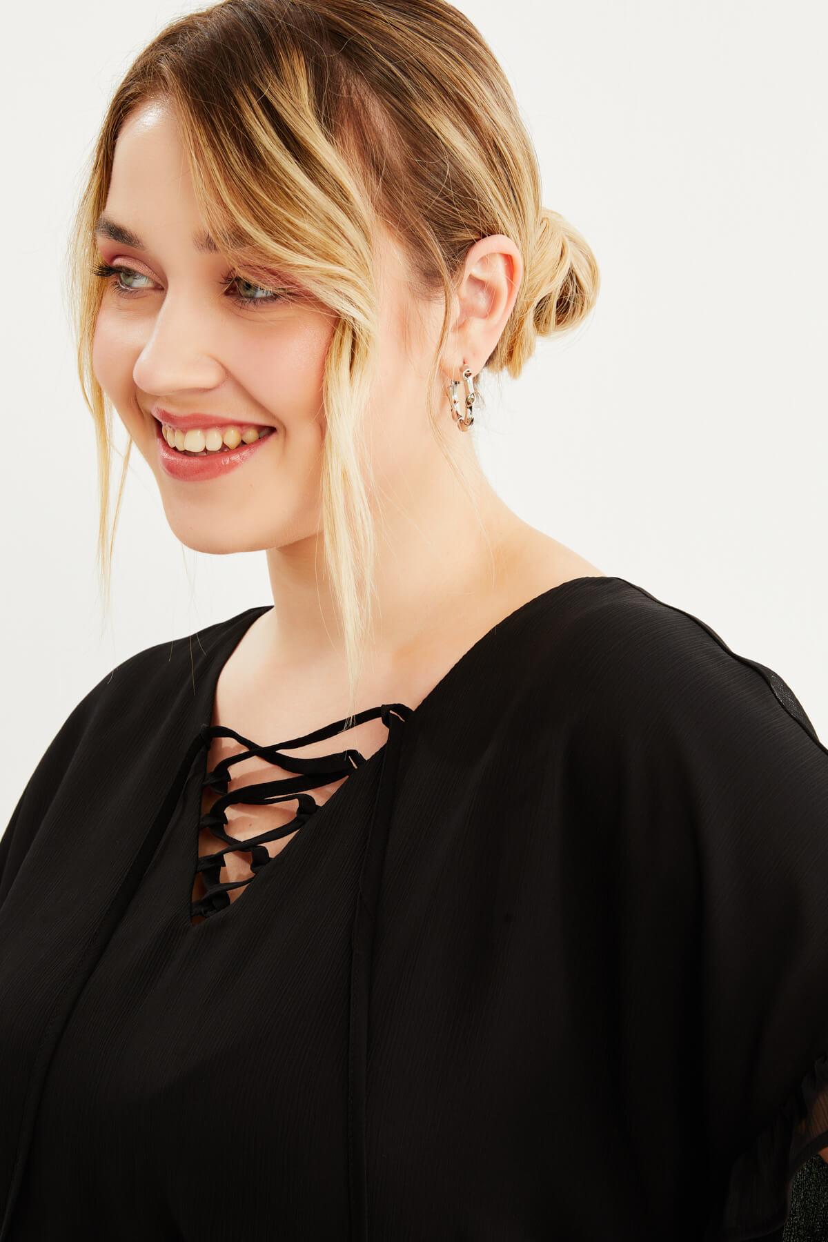 Myline-Önü Bağcıklı Fırfır Detaylı Şifon Bluz-Büyük Beden Bluz-87901