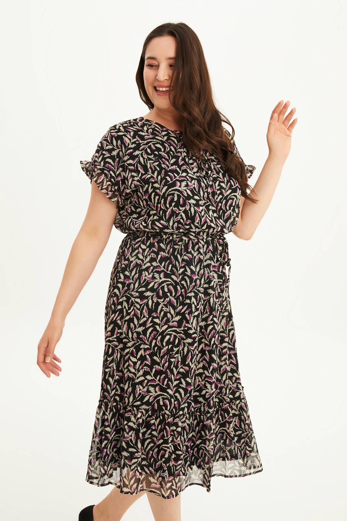 Myline-Önü Bağcıklı Fırfır Detaylı Şifon Elbise-Büyük Beden Günlük Elbiseler-87975