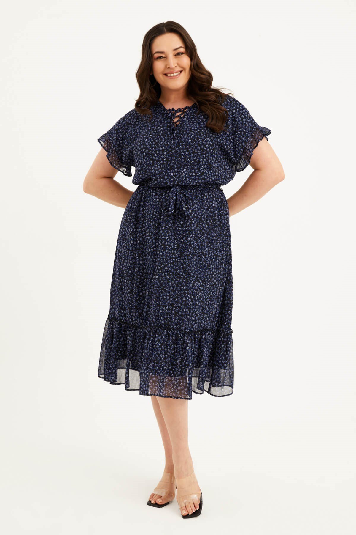 Myline-Önü Bağcıklı Fırfır Detaylı Şifon Elbise-Büyük Beden Günlük Elbiseler-77564