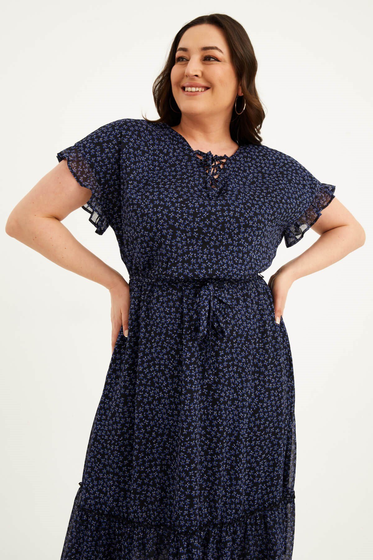 Myline-Önü Bağcıklı Fırfır Detaylı Şifon Elbise-Büyük Beden Günlük Elbiseler-77564