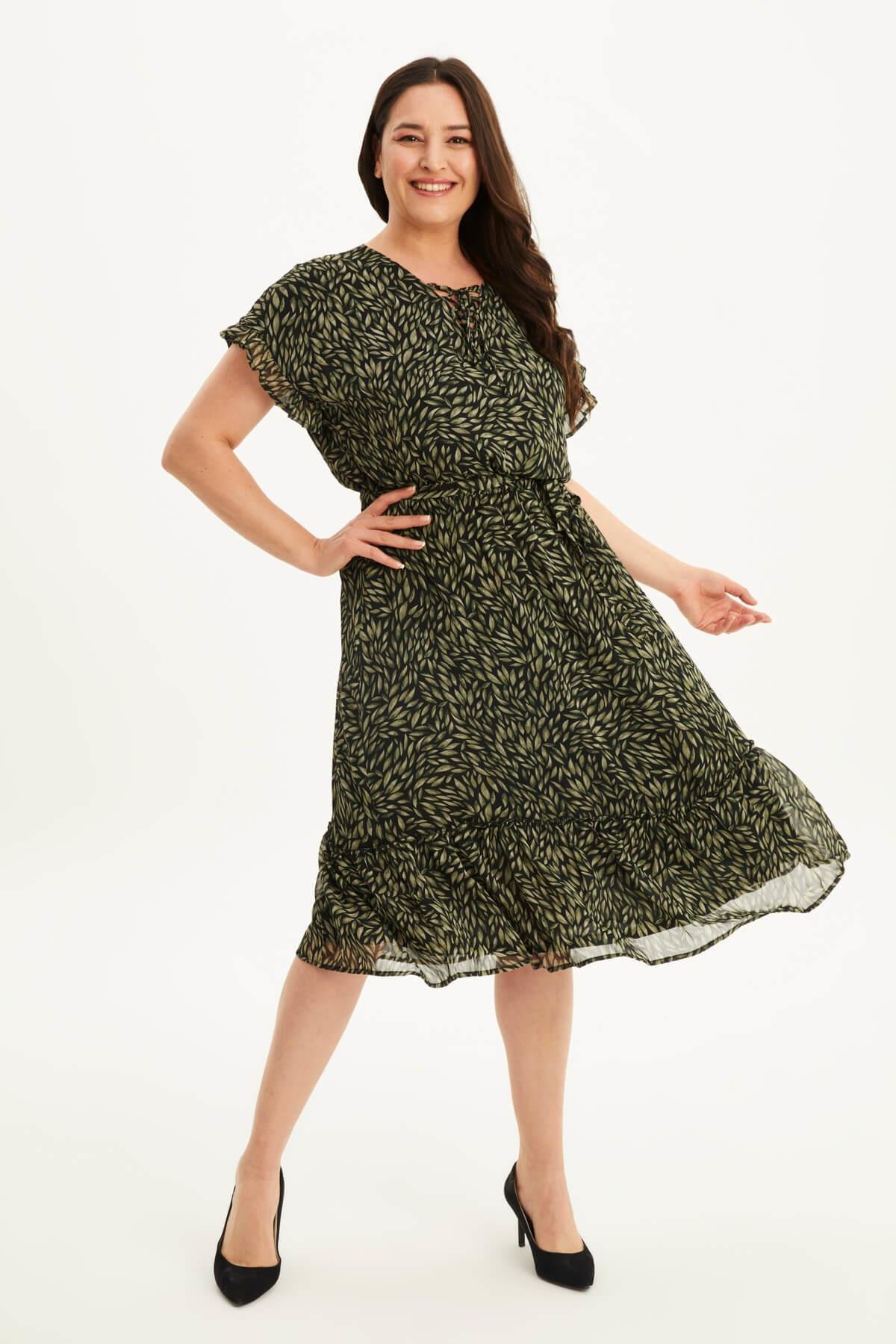 Myline-Önü Bağcıklı Fırfır Detaylı Şifon Elbise-Büyük Beden Günlük Elbiseler-45896