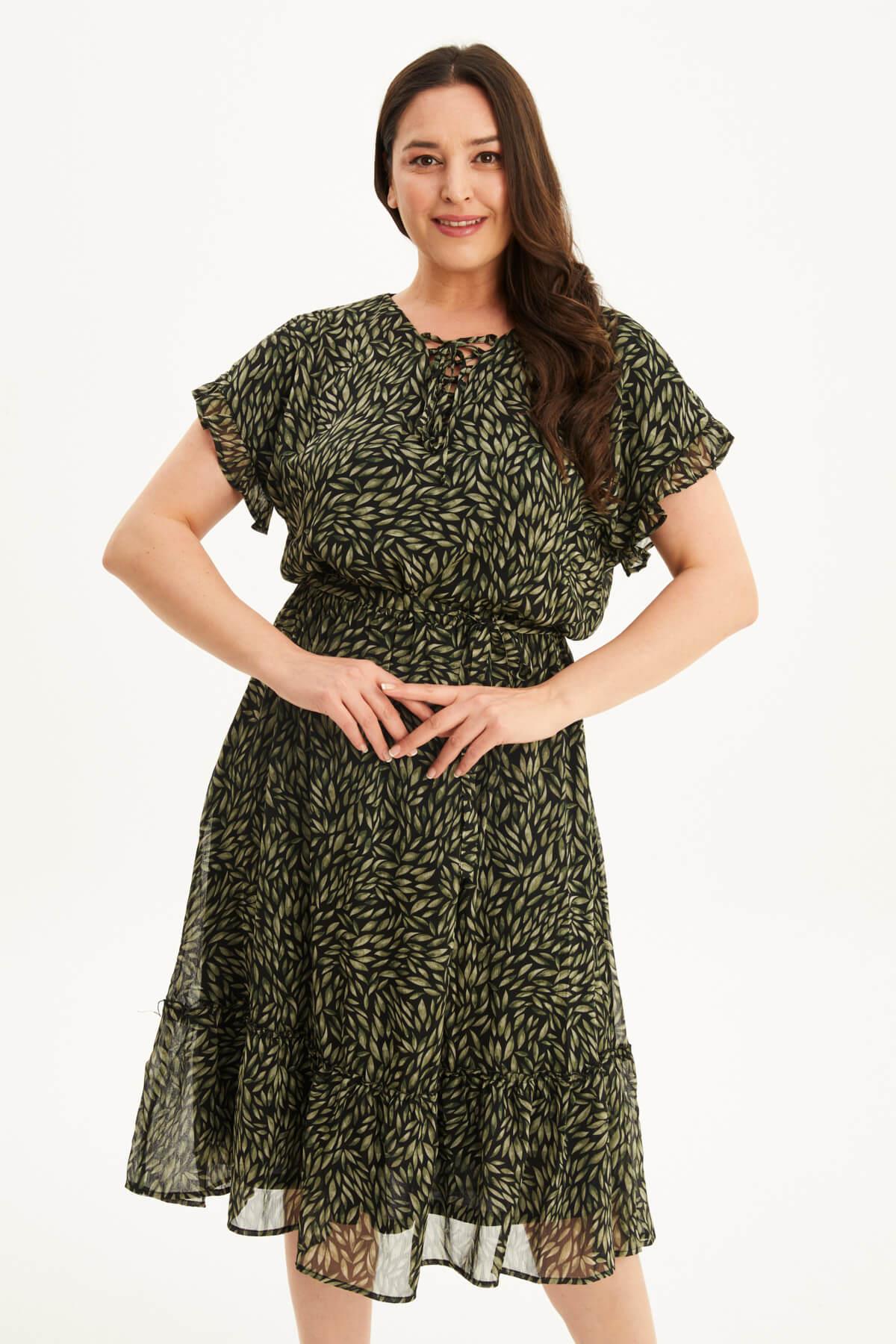 Myline-Önü Bağcıklı Fırfır Detaylı Şifon Elbise-Büyük Beden Günlük Elbiseler-45896