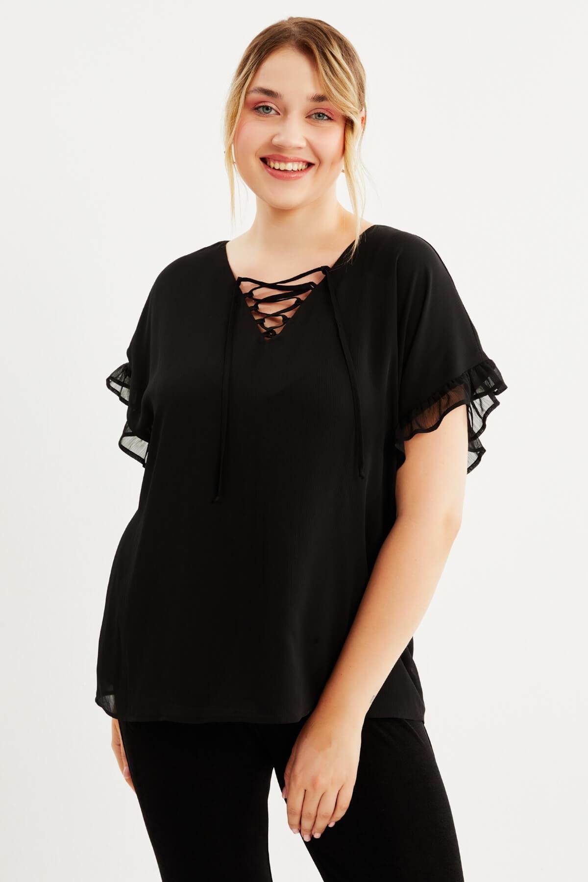 Myline-Önü Bağcıklı Fırfır Detaylı Şifon Bluz-Büyük Beden Bluz-87901