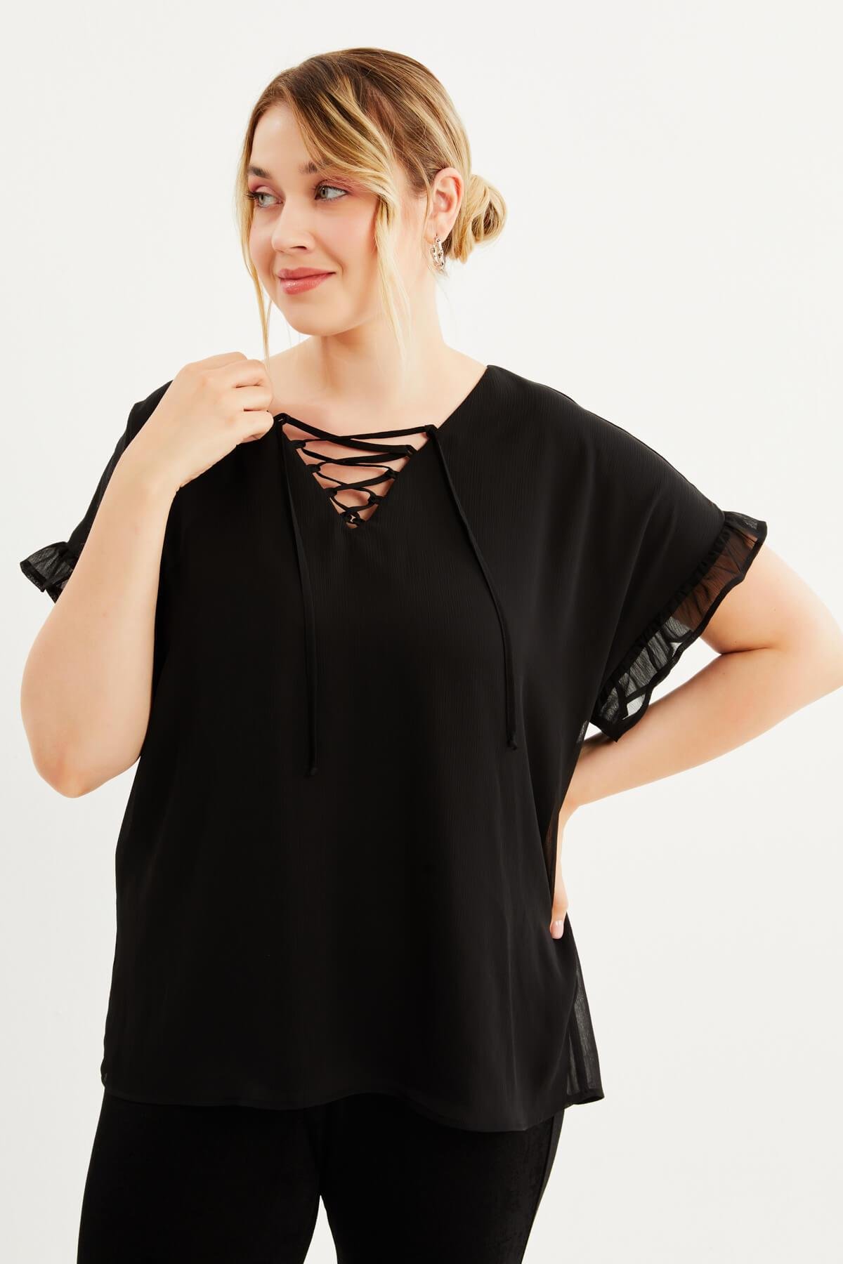 Myline-Önü Bağcıklı Fırfır Detaylı Şifon Bluz-Büyük Beden Bluz-87901