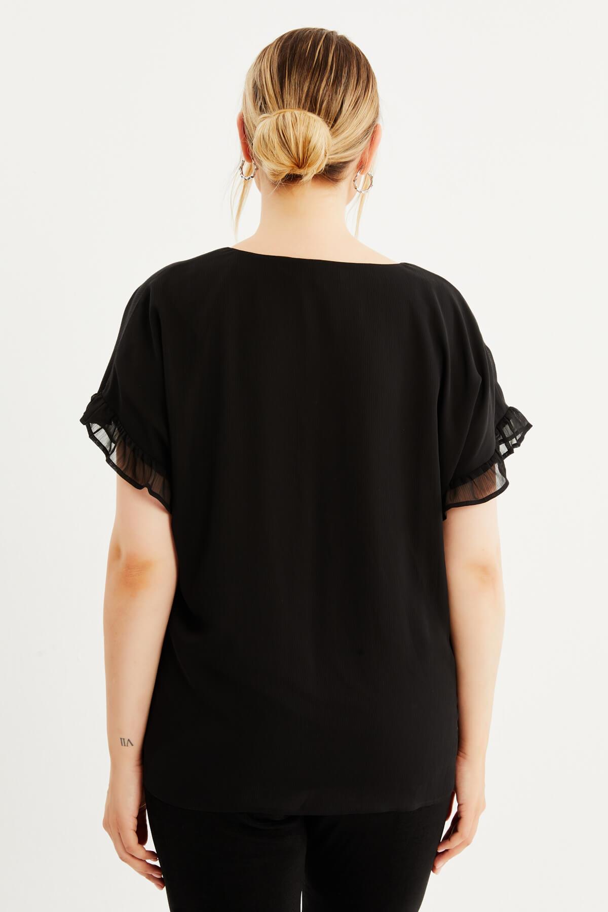 Myline-Önü Bağcıklı Fırfır Detaylı Şifon Bluz-Büyük Beden Bluz-87901