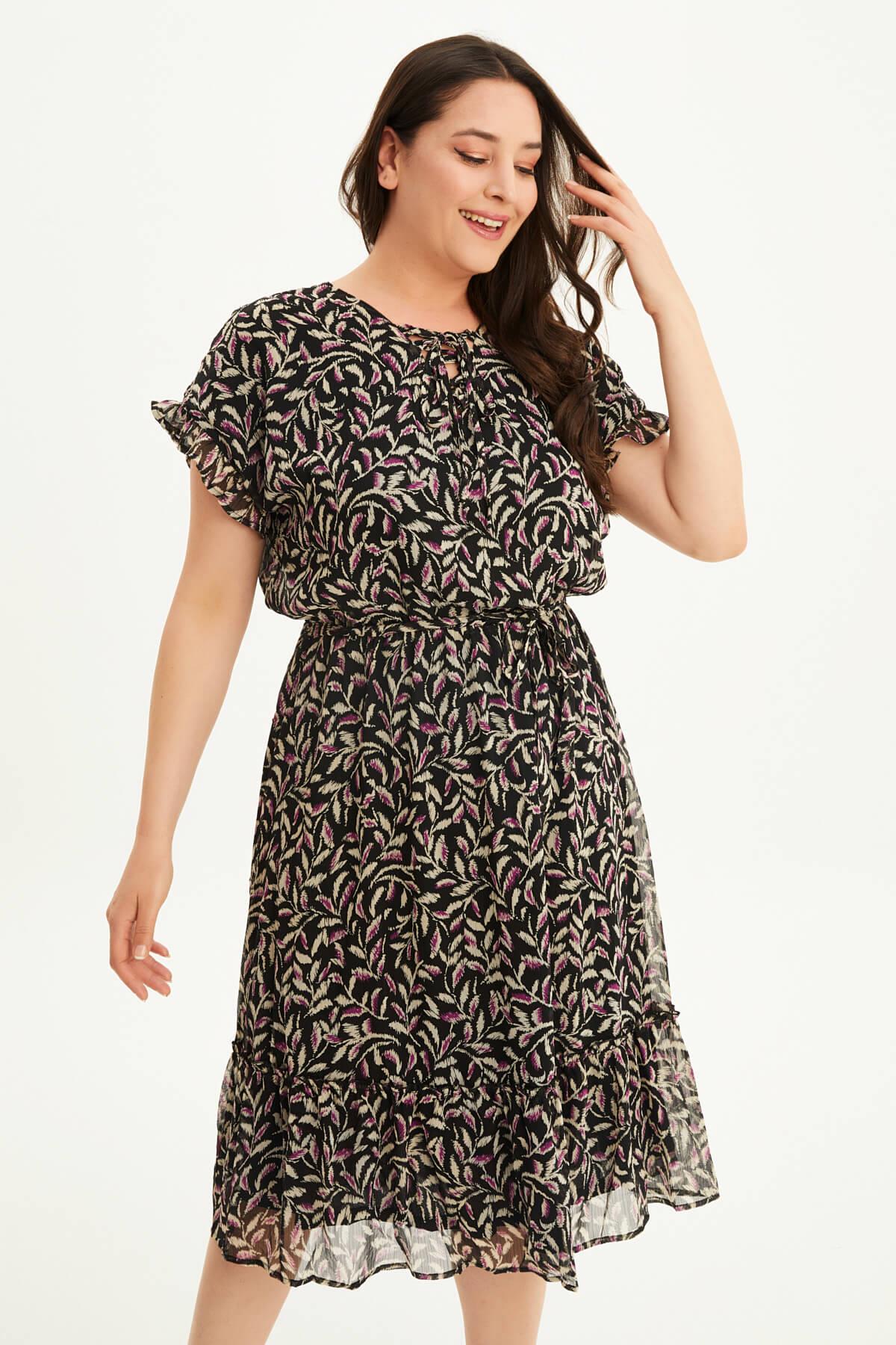 Myline-Önü Bağcıklı Fırfır Detaylı Şifon Elbise-Büyük Beden Günlük Elbiseler-87975