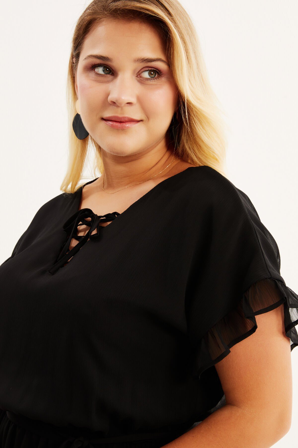 Myline-Önü Bağcıklı Fırfır Detaylı Şifon Elbise-Büyük Beden Günlük Elbiseler-87879