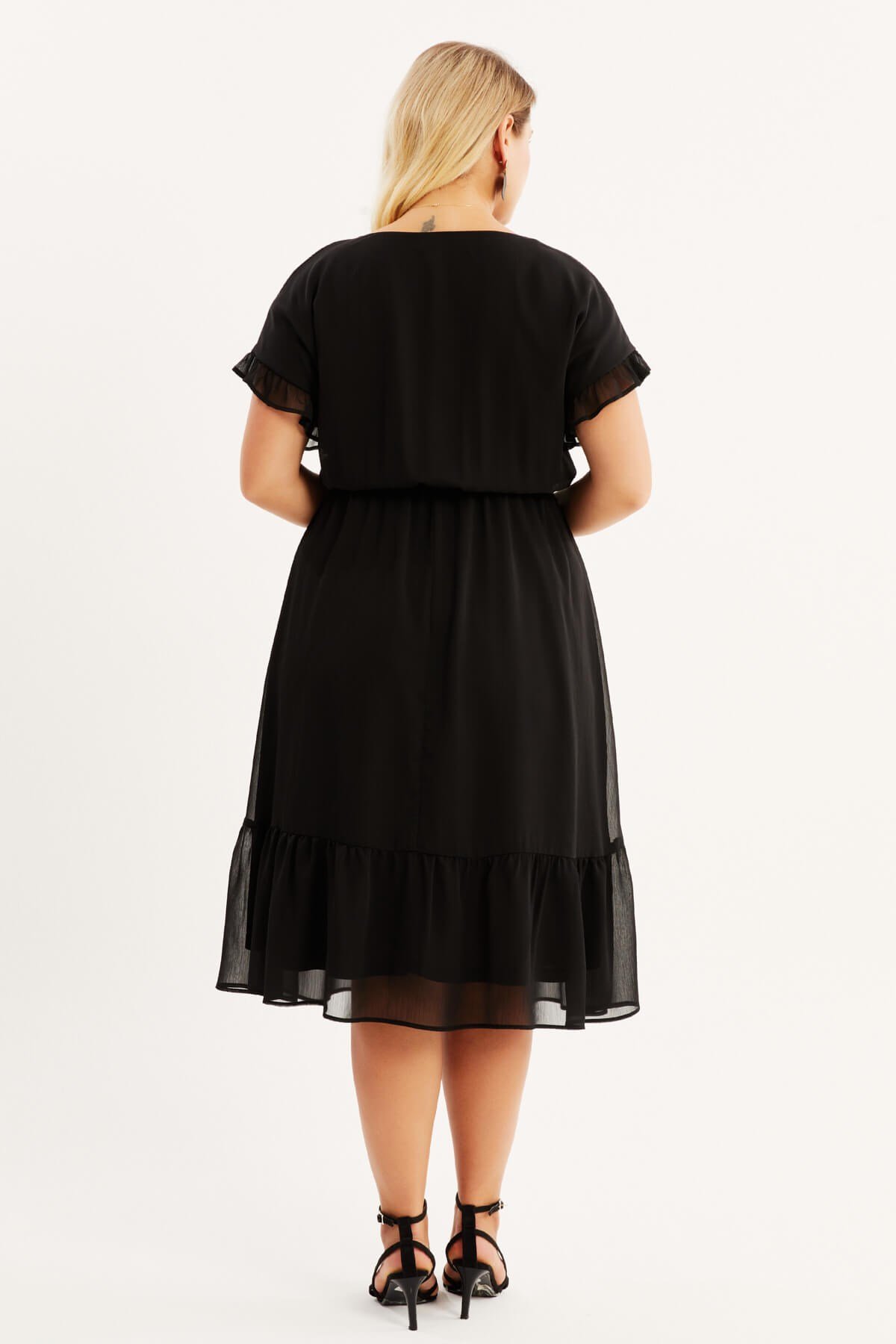 Myline-Önü Bağcıklı Fırfır Detaylı Şifon Elbise-Büyük Beden Günlük Elbiseler-87879