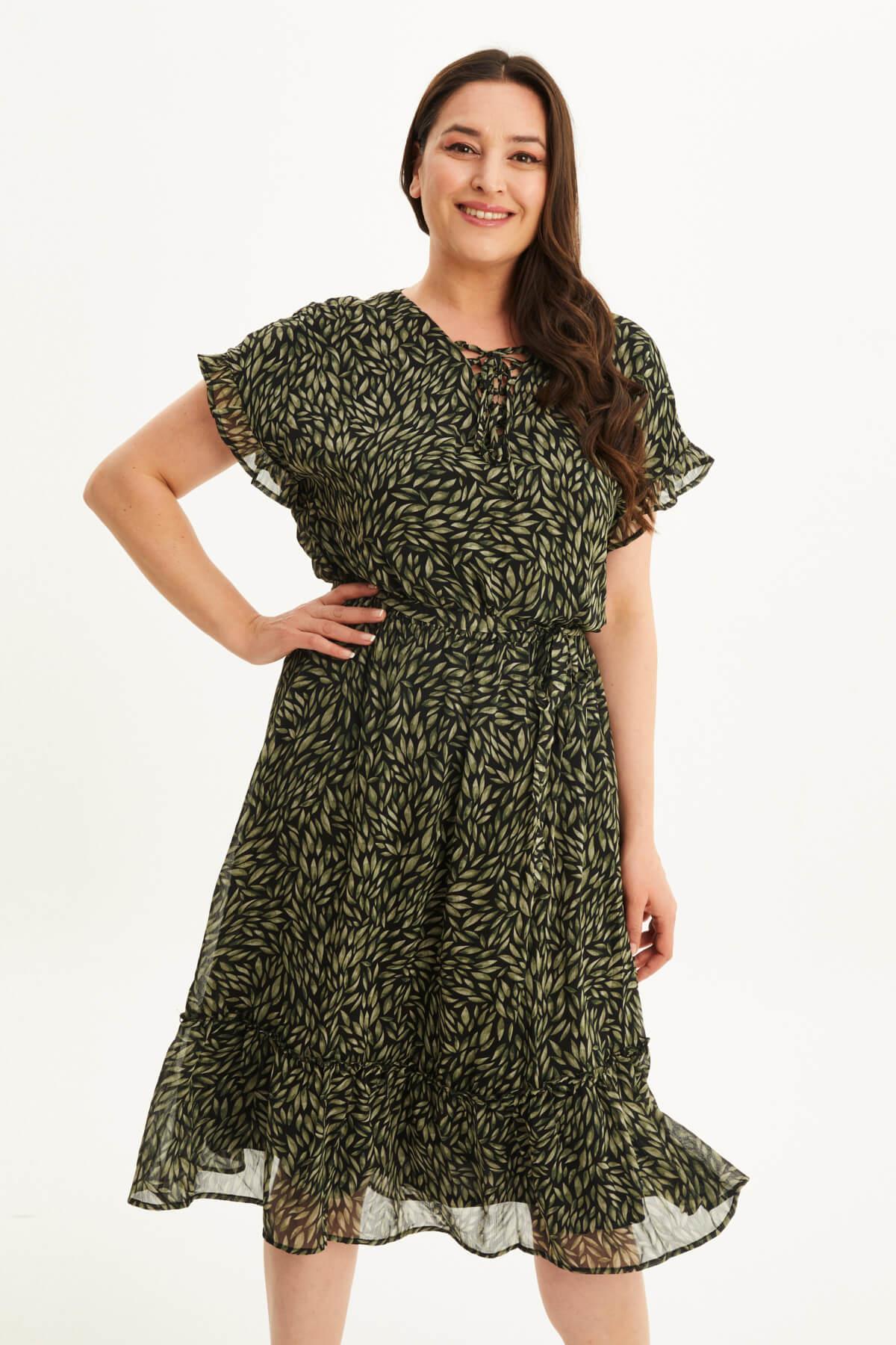 Myline-Önü Bağcıklı Fırfır Detaylı Şifon Elbise-Büyük Beden Günlük Elbiseler-45896