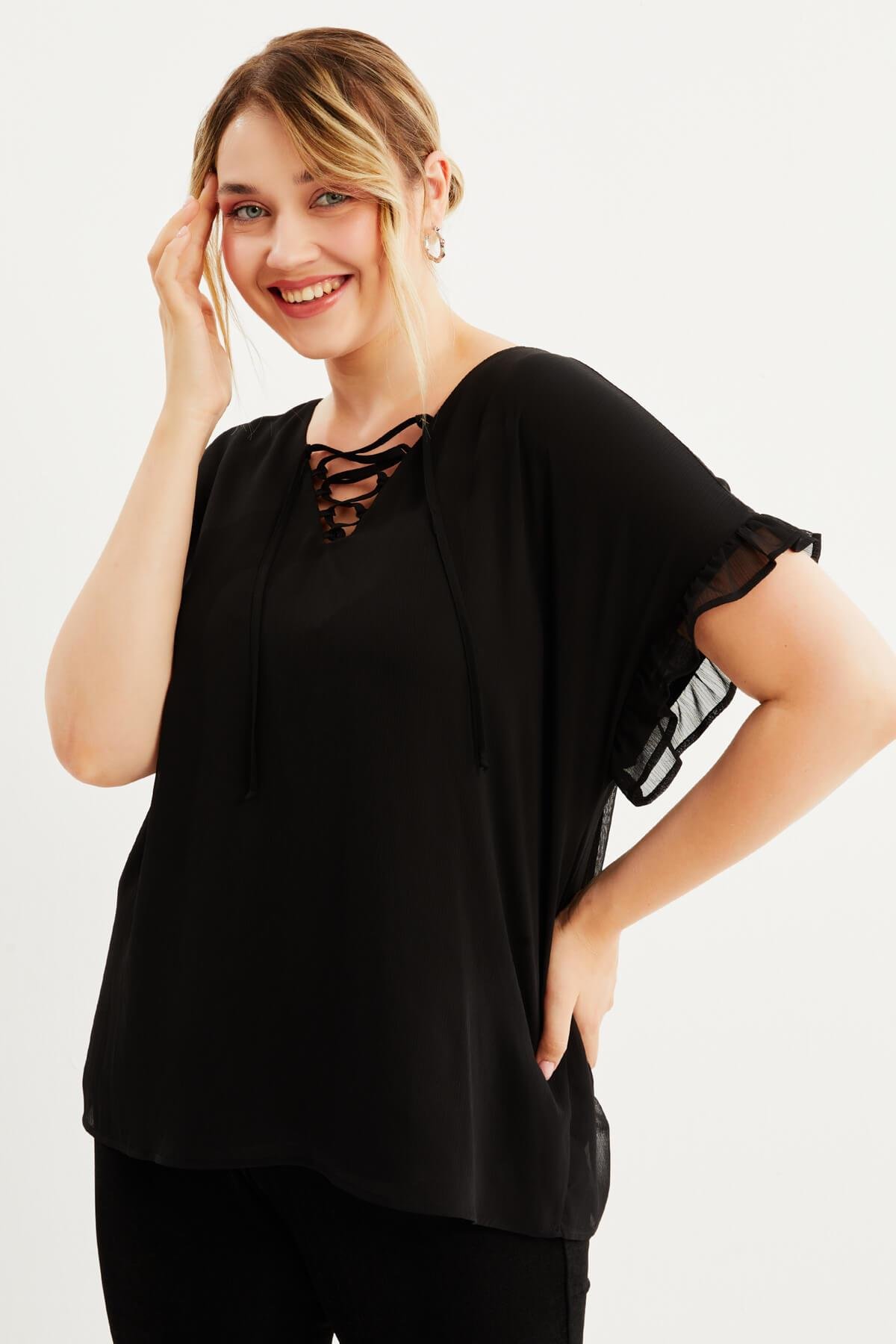 Myline-Önü Bağcıklı Fırfır Detaylı Şifon Bluz-Büyük Beden Bluz-87901