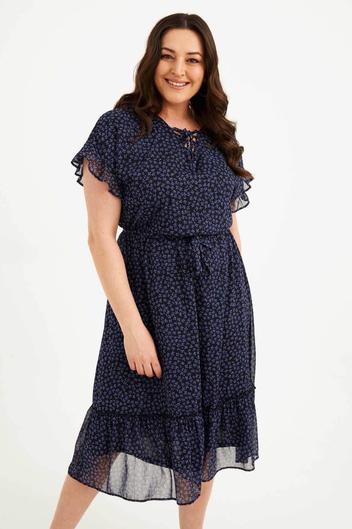 Myline-Önü Bağcıklı Fırfır Detaylı Şifon Elbise-Büyük Beden Günlük Elbiseler-77564