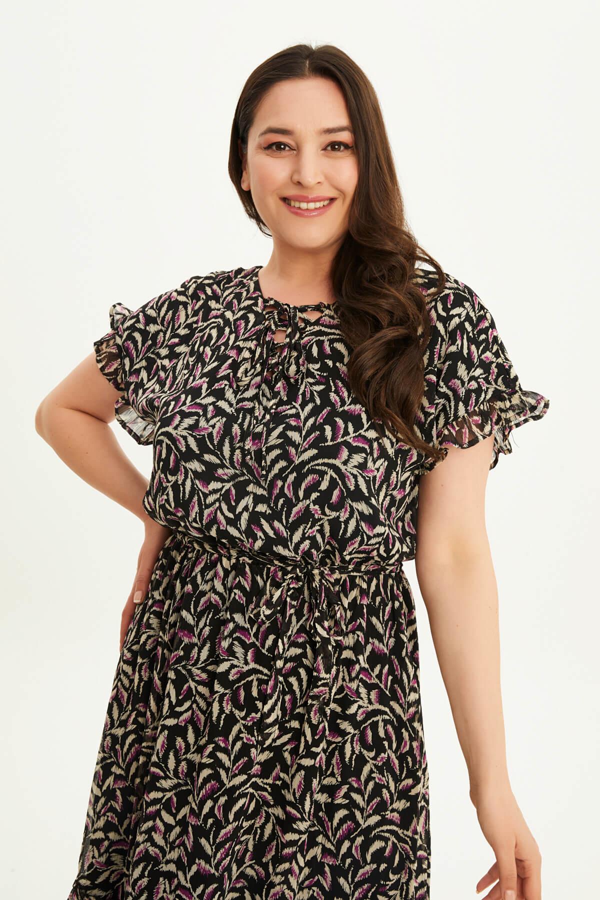 Myline-Önü Bağcıklı Fırfır Detaylı Şifon Elbise-Büyük Beden Günlük Elbiseler-87975