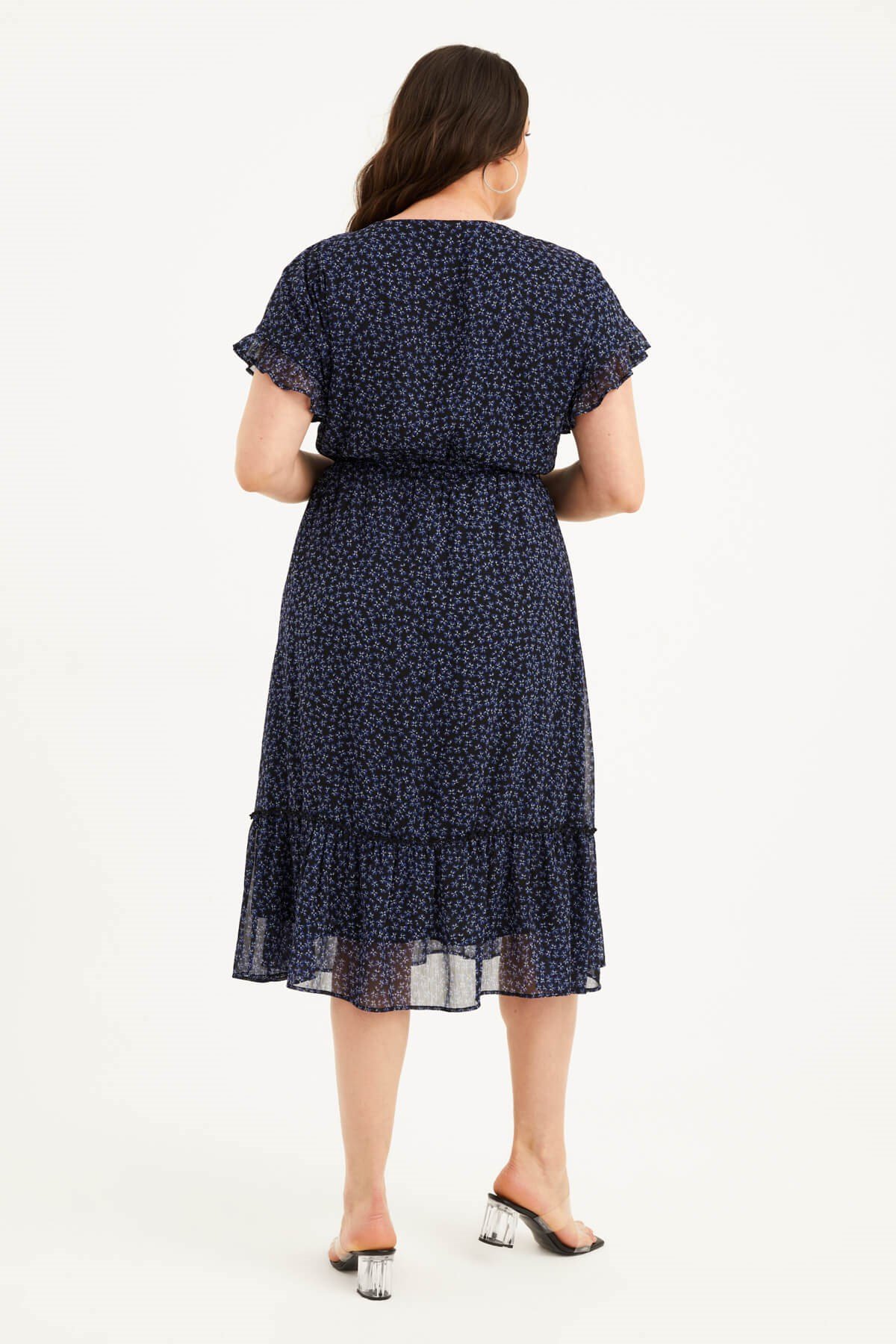 Myline-Önü Bağcıklı Fırfır Detaylı Şifon Elbise-Büyük Beden Günlük Elbiseler-77564