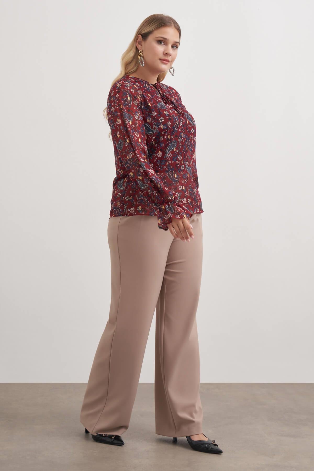 Myline-Önü Bağcıklı Şifon Bluz-Büyük Beden Bluz-149472