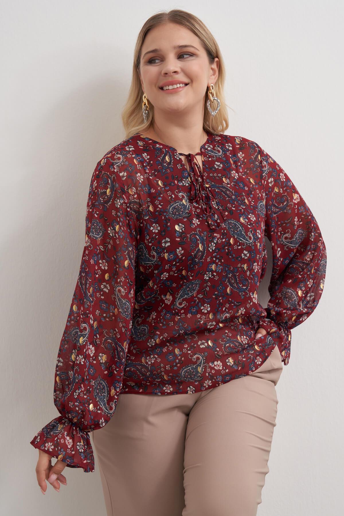 Myline-Önü Bağcıklı Şifon Bluz-Büyük Beden Bluz-149472