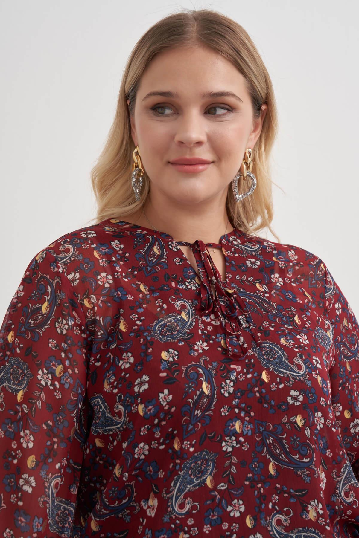 Myline-Önü Bağcıklı Şifon Bluz-Büyük Beden Bluz-149472