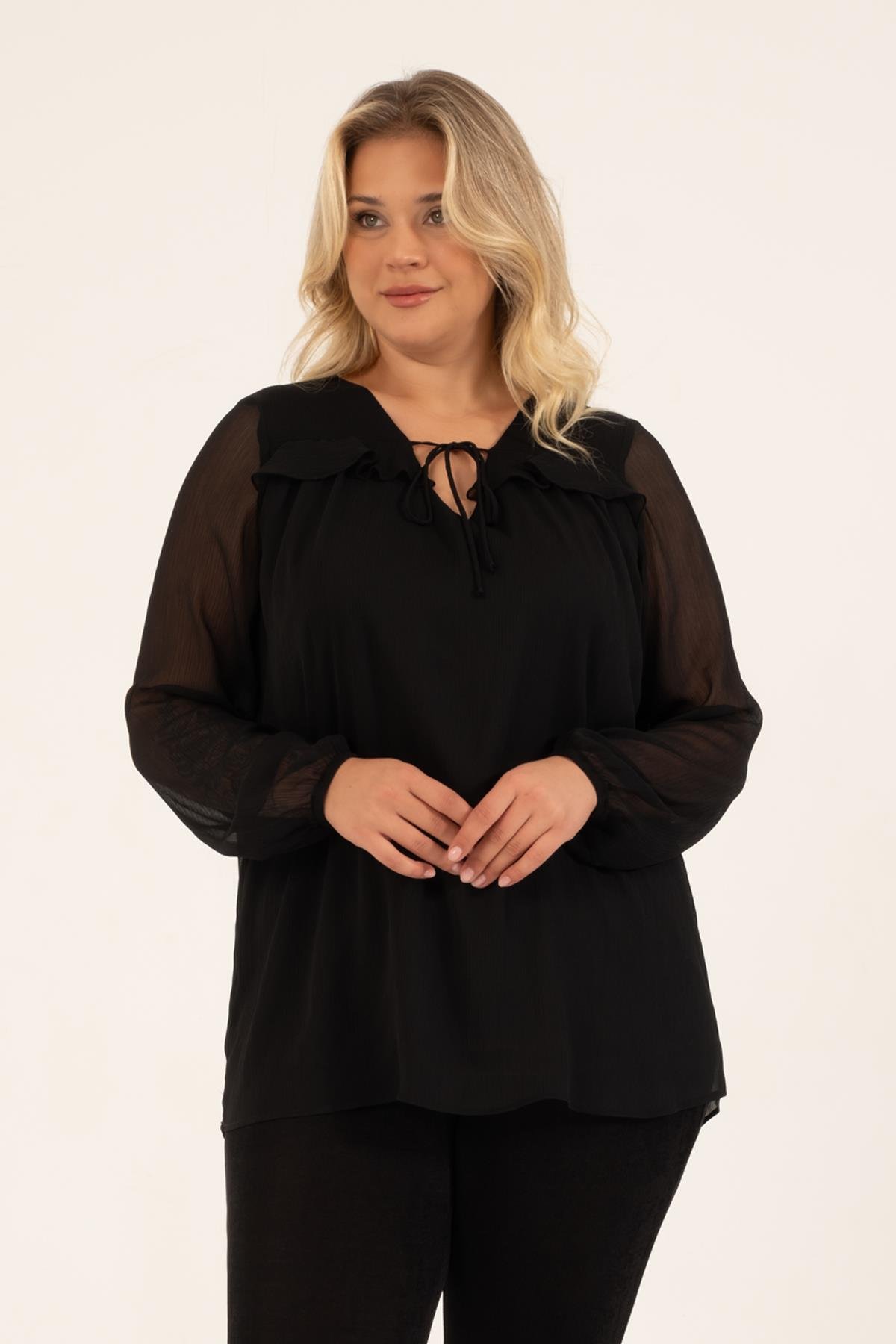 Myline-Önü Bağlamalı Fırfır Detaylı Bluz-Büyük Beden Bluz-128862