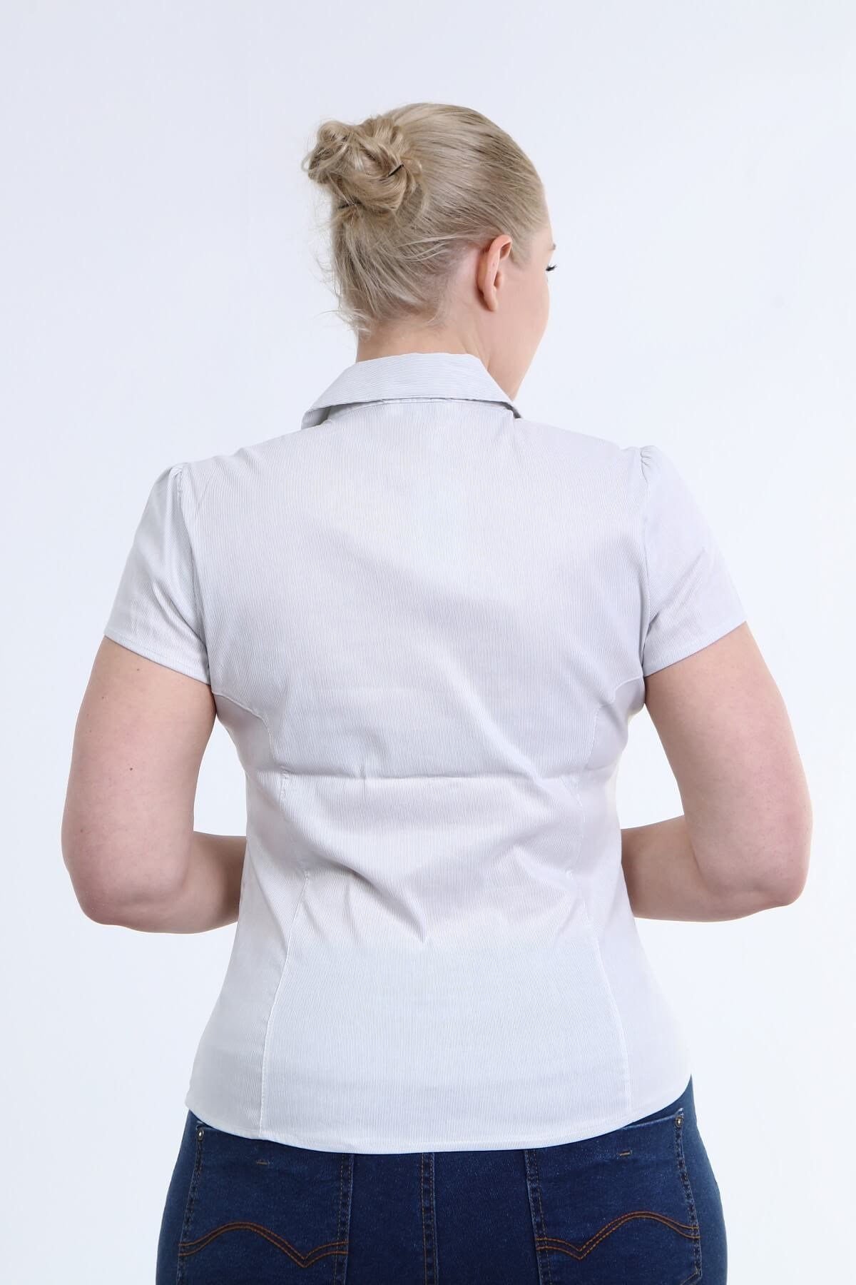 Myline-Önü Büzgülü Kısa Kollu Gömlek-Büyük Beden Gömlek-12419-m