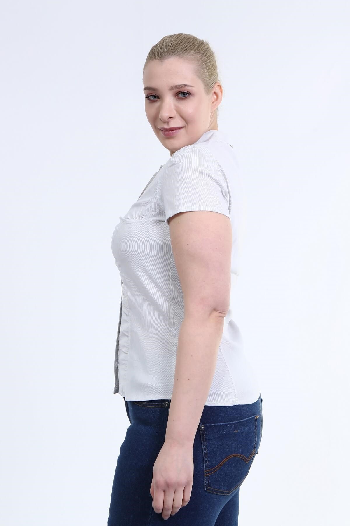 Myline-Önü Büzgülü Kısa Kollu Gömlek-Büyük Beden Gömlek-12419-m