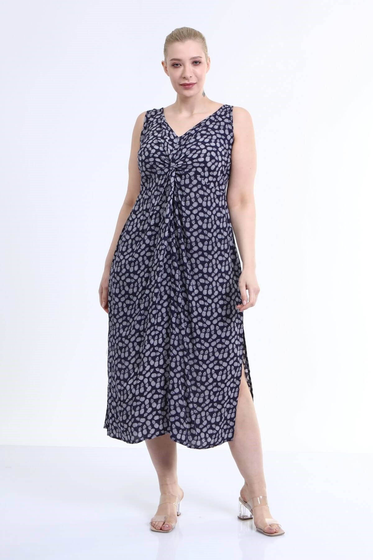 Önü Düğüm Detaylı Askılı Elbise