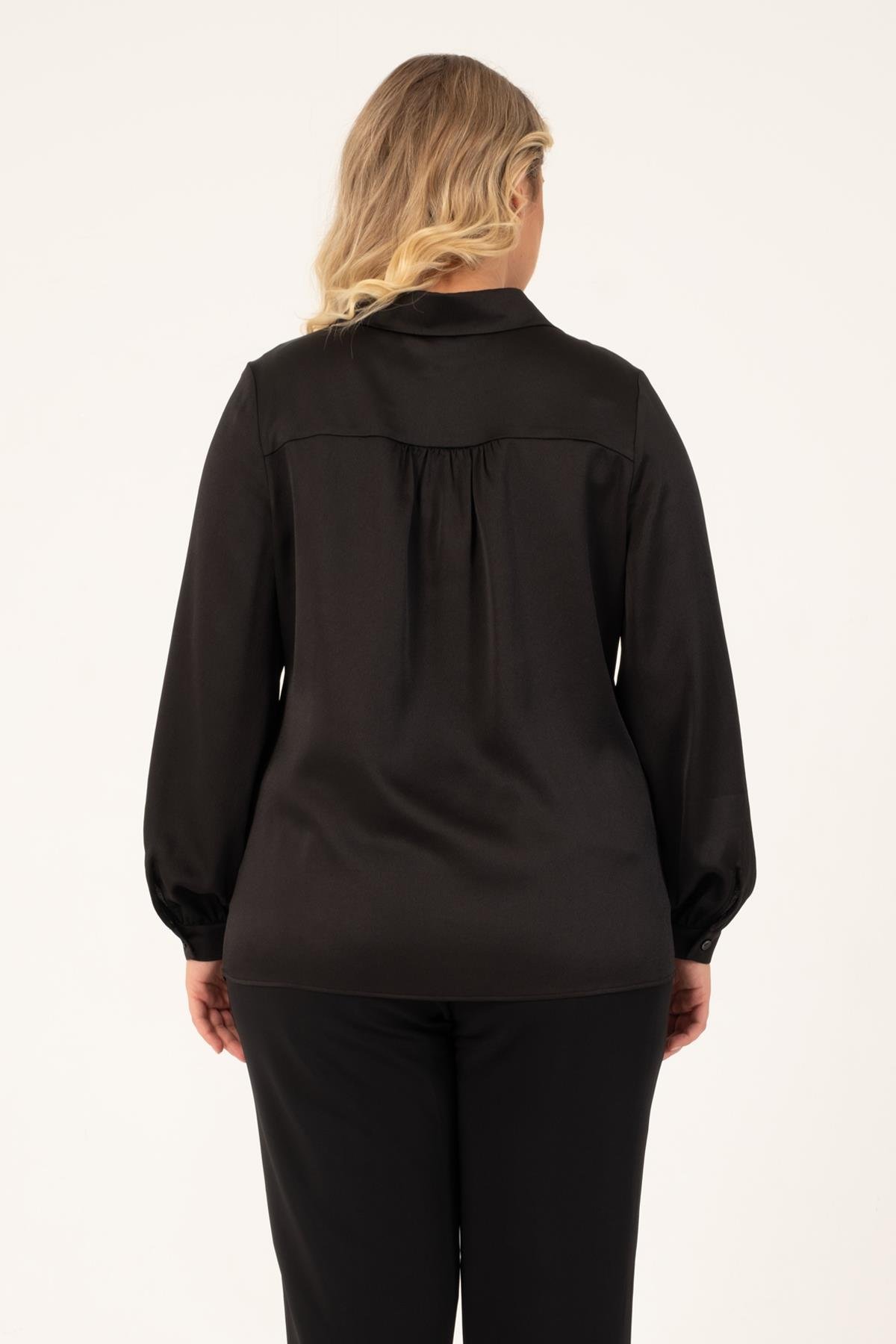 Myline-Önü Düğümlü Saten Bluz-Büyük Beden Bluz-128839