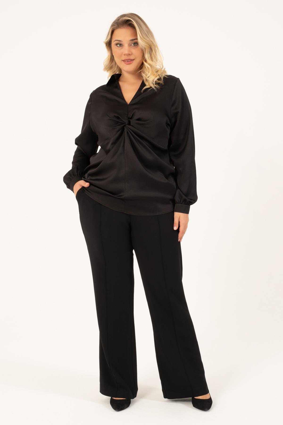 Myline-Önü Düğümlü Saten Bluz-Büyük Beden Bluz-128839