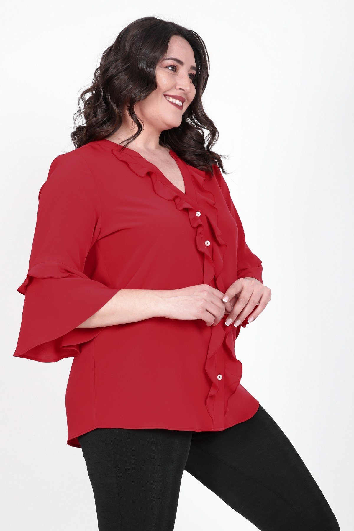 Myline-Önü Fırfırlı Kolları Volanlı Bluz-Büyük Beden Bluz-45440