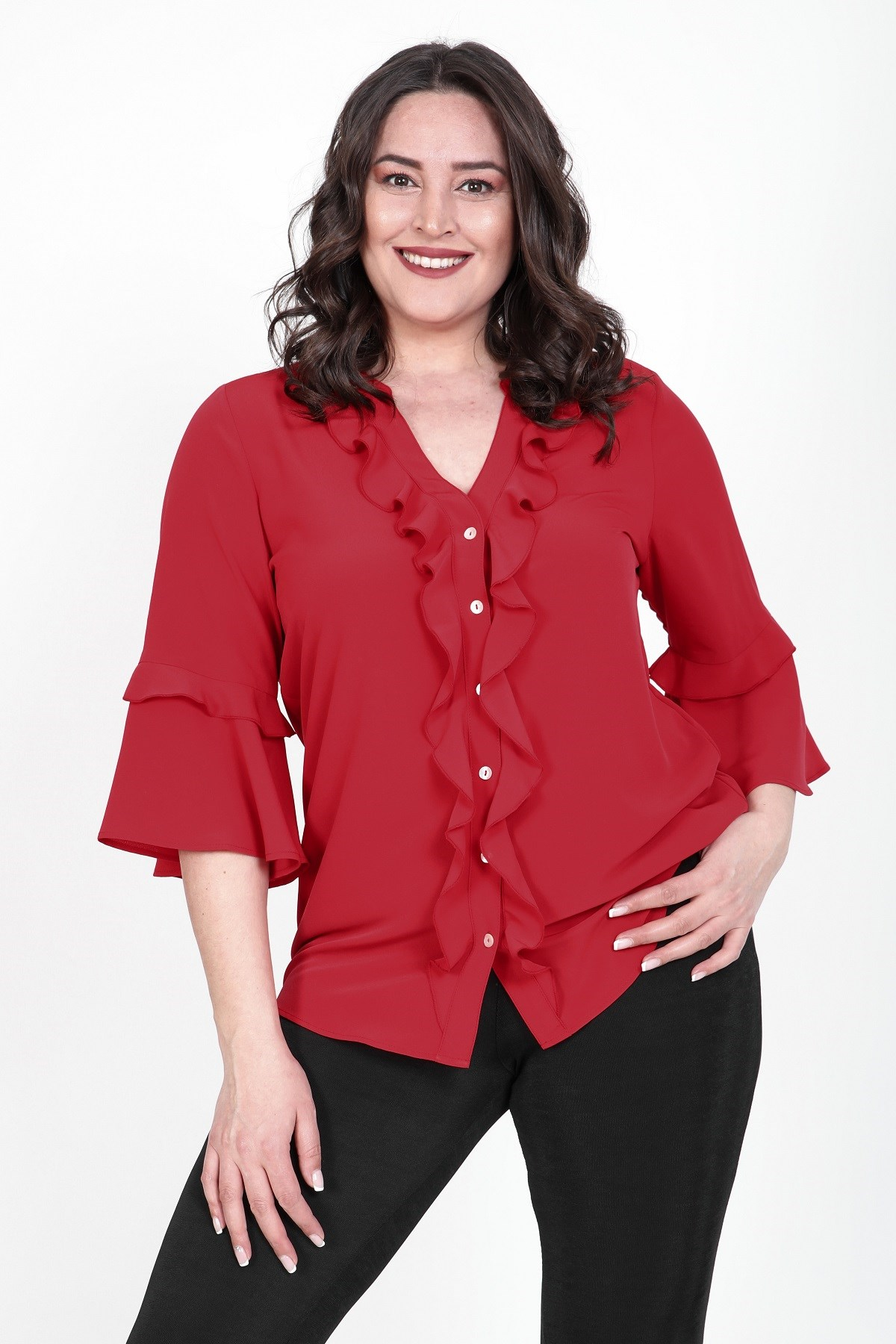 Myline-Önü Fırfırlı Kolları Volanlı Bluz-Büyük Beden Bluz-45440