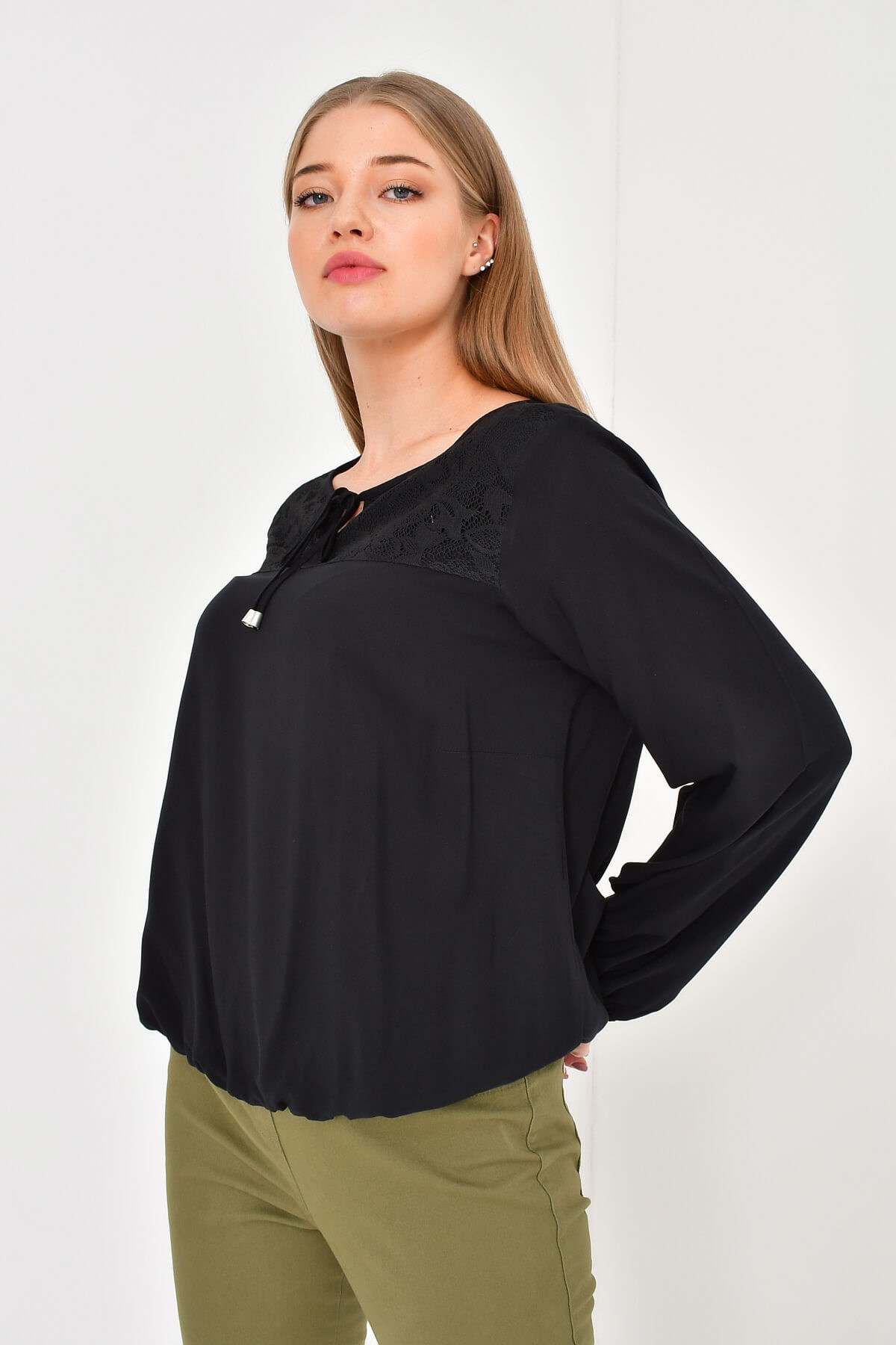 Myline-Önü Fiyonklu Dantelli Bluz-Büyük Beden Bluz-12439-m