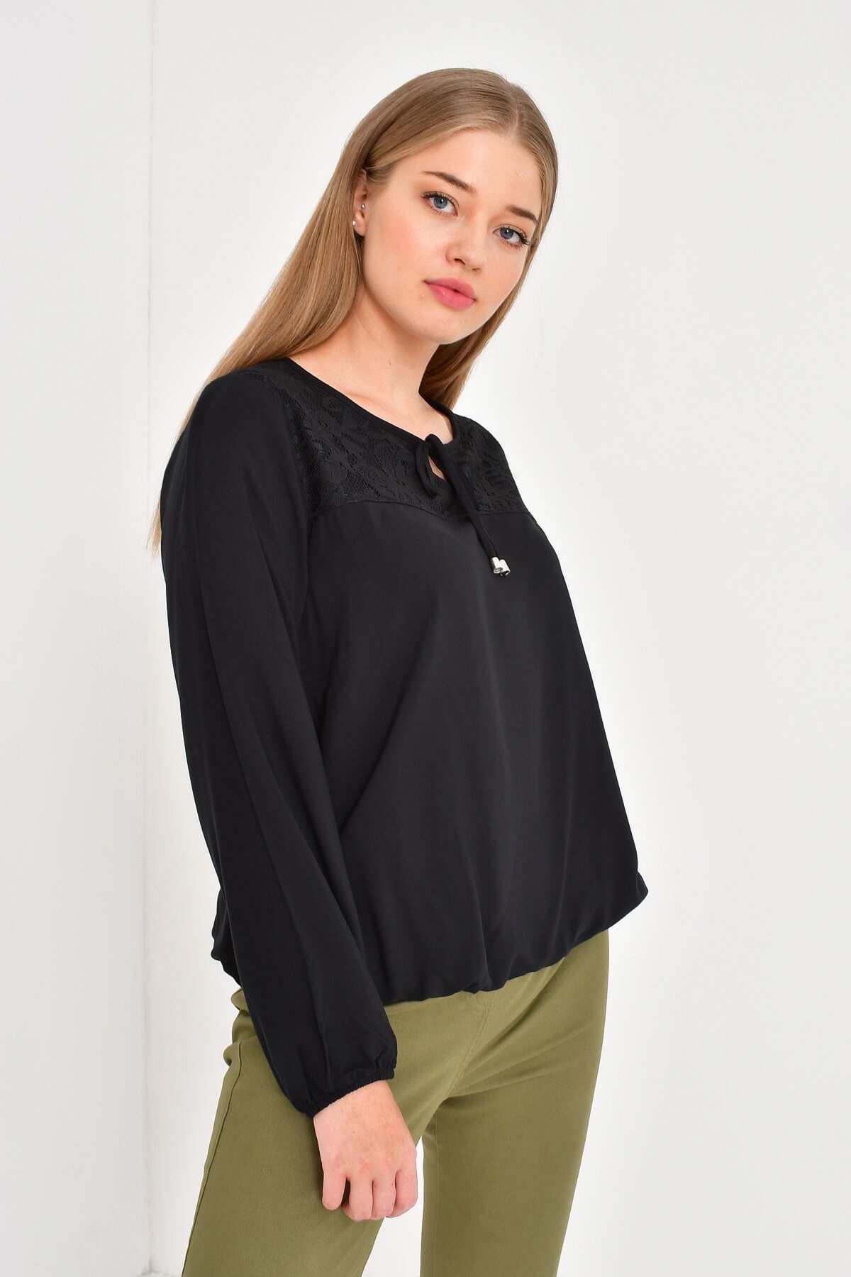 Myline-Önü Fiyonklu Dantelli Bluz-Büyük Beden Bluz-12439-m