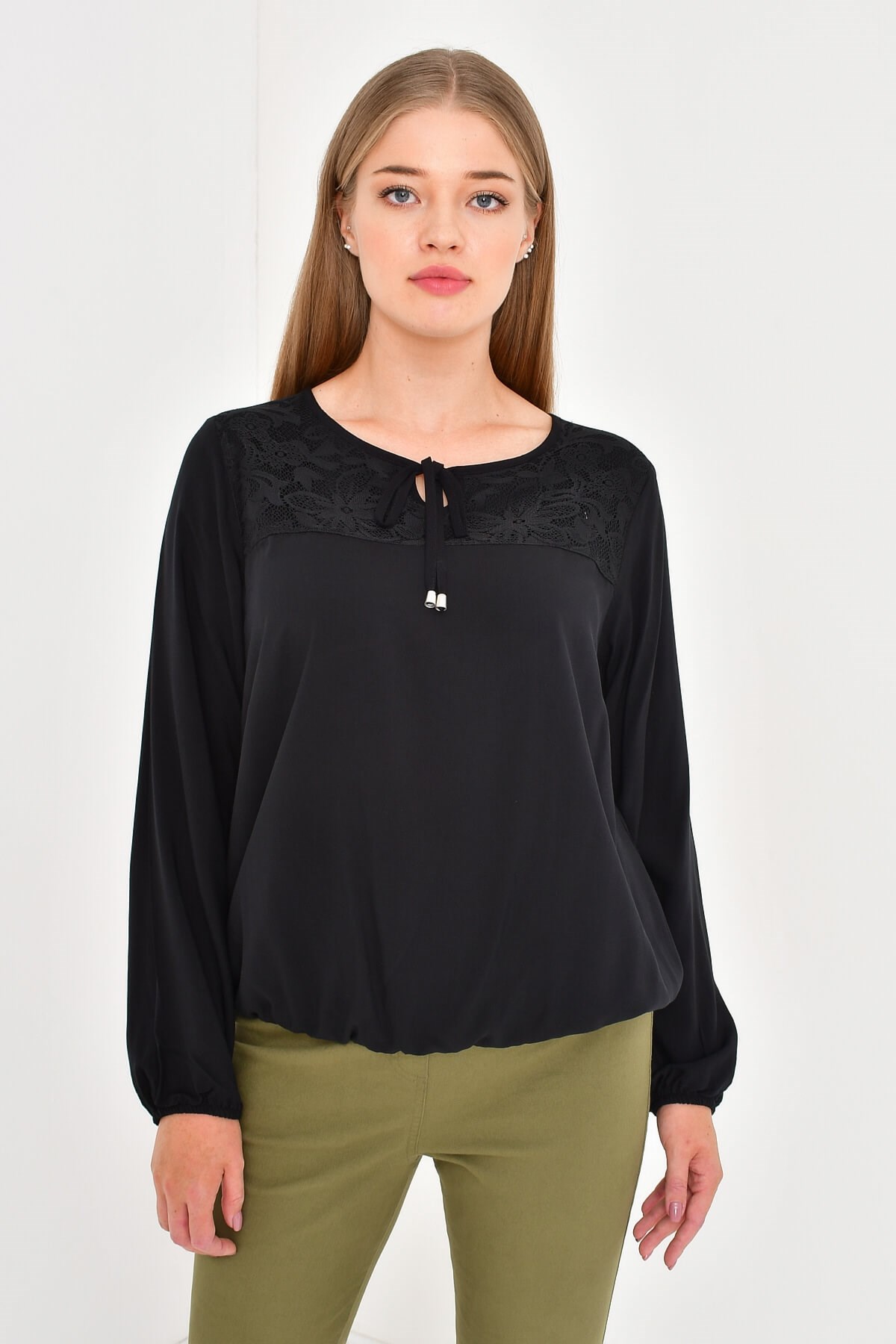 Myline-Önü Fiyonklu Dantelli Bluz-Büyük Beden Bluz-12439-m