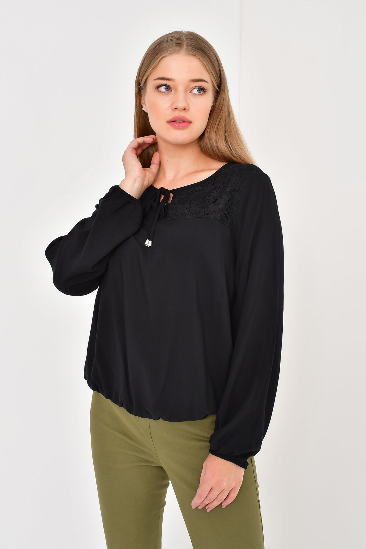 Myline-Önü Fiyonklu Dantelli Bluz-Büyük Beden Bluz-12439-m