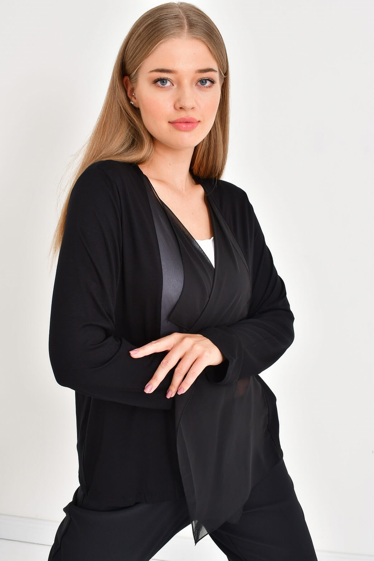 Myline-Önü Şifon Volanlı Penye Ceket-Büyük Beden Ceket-12911-m