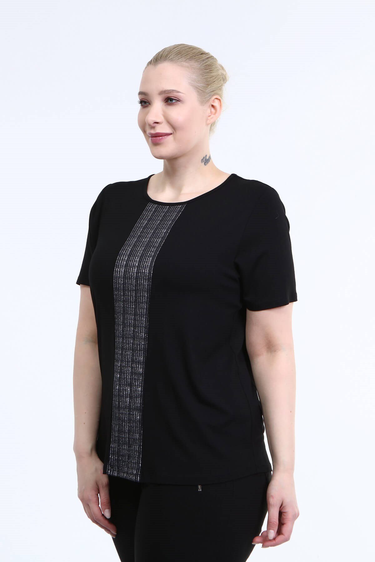 Myline-Önü Sim Detay Penye Bluz-Büyük Beden Bluz-66698