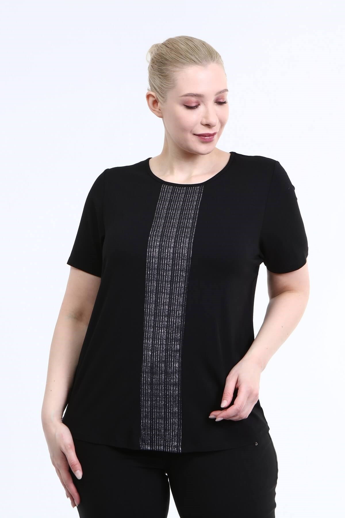 Myline-Önü Sim Detay Penye Bluz-Büyük Beden Bluz-66698