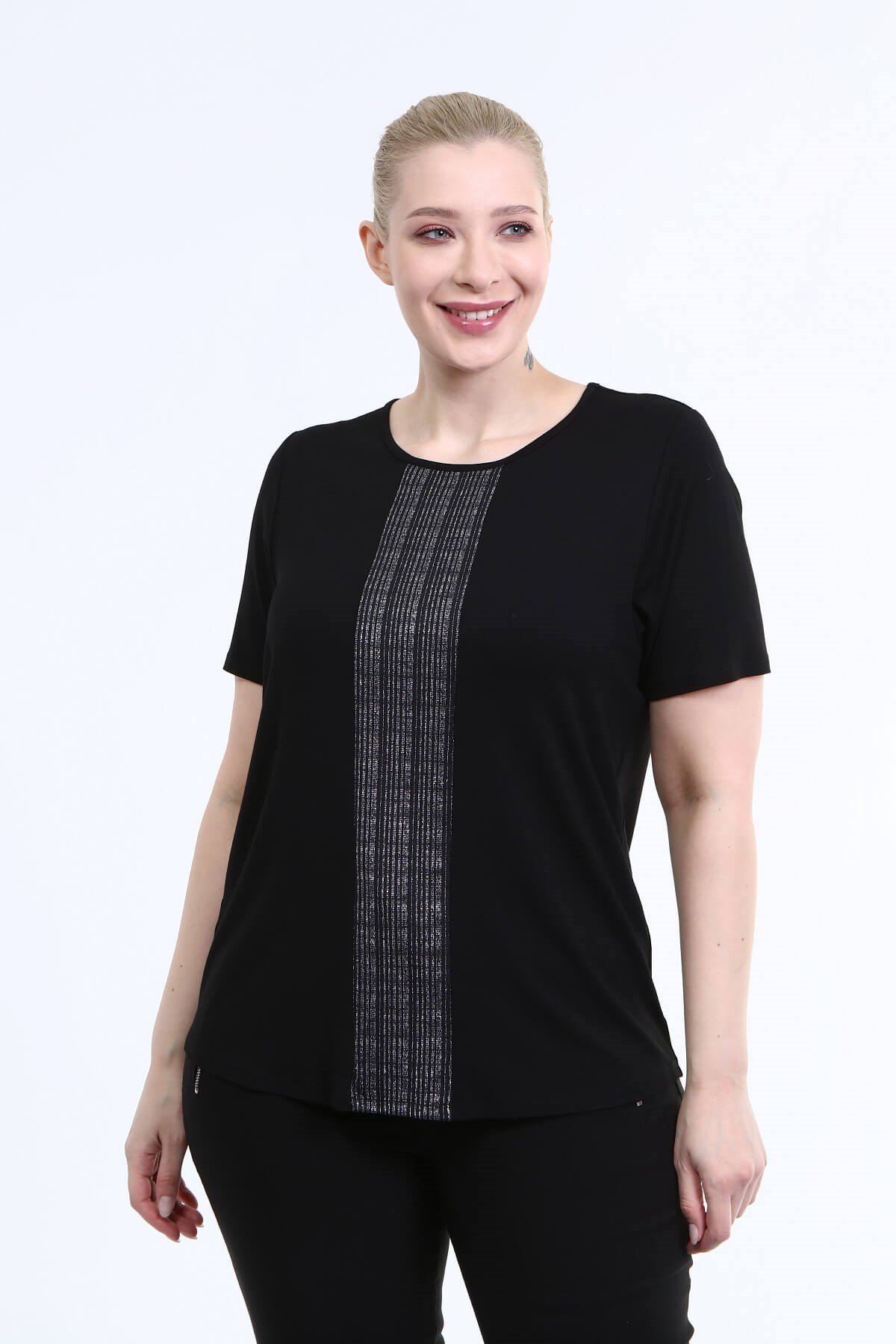 Myline-Önü Sim Detay Penye Bluz-Büyük Beden Bluz-66698