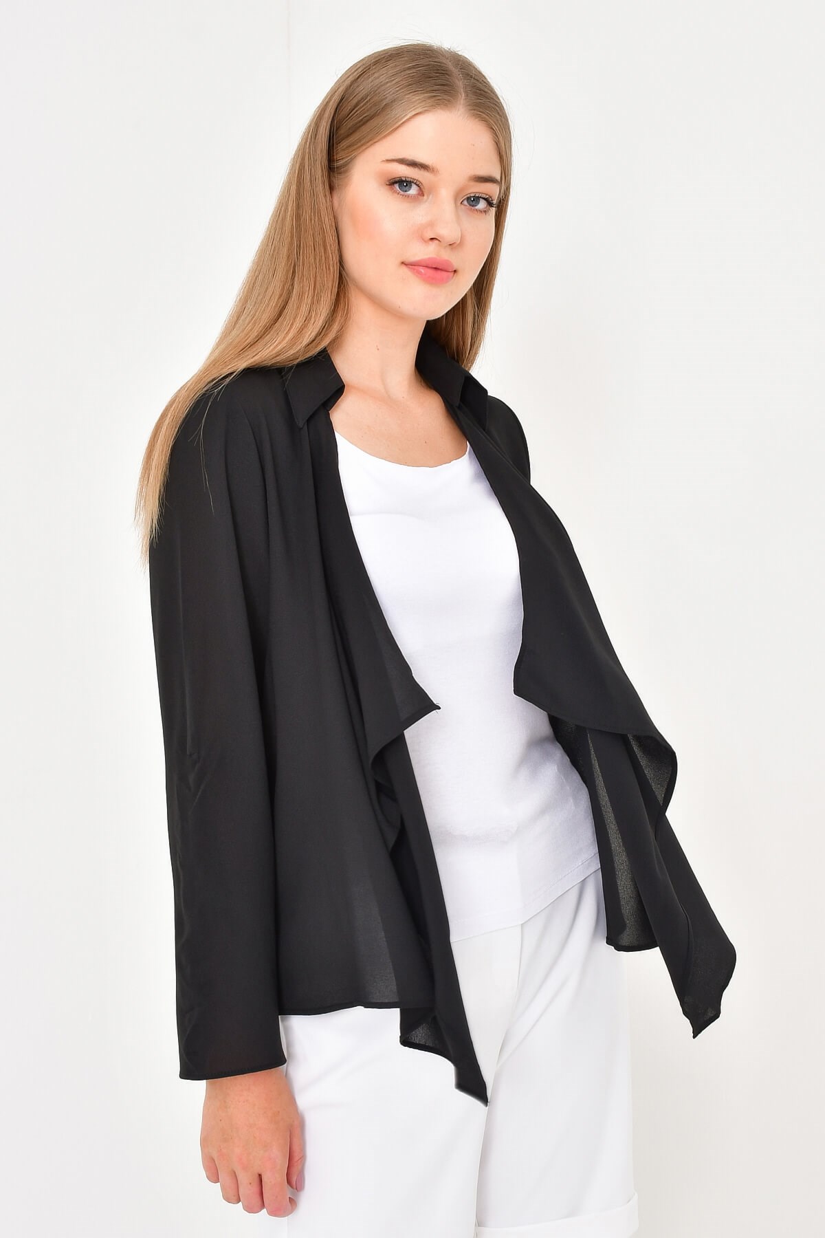 Myline-Önü Volanlı Krep Bluz Ceket-Büyük Beden Ceket-12495-m