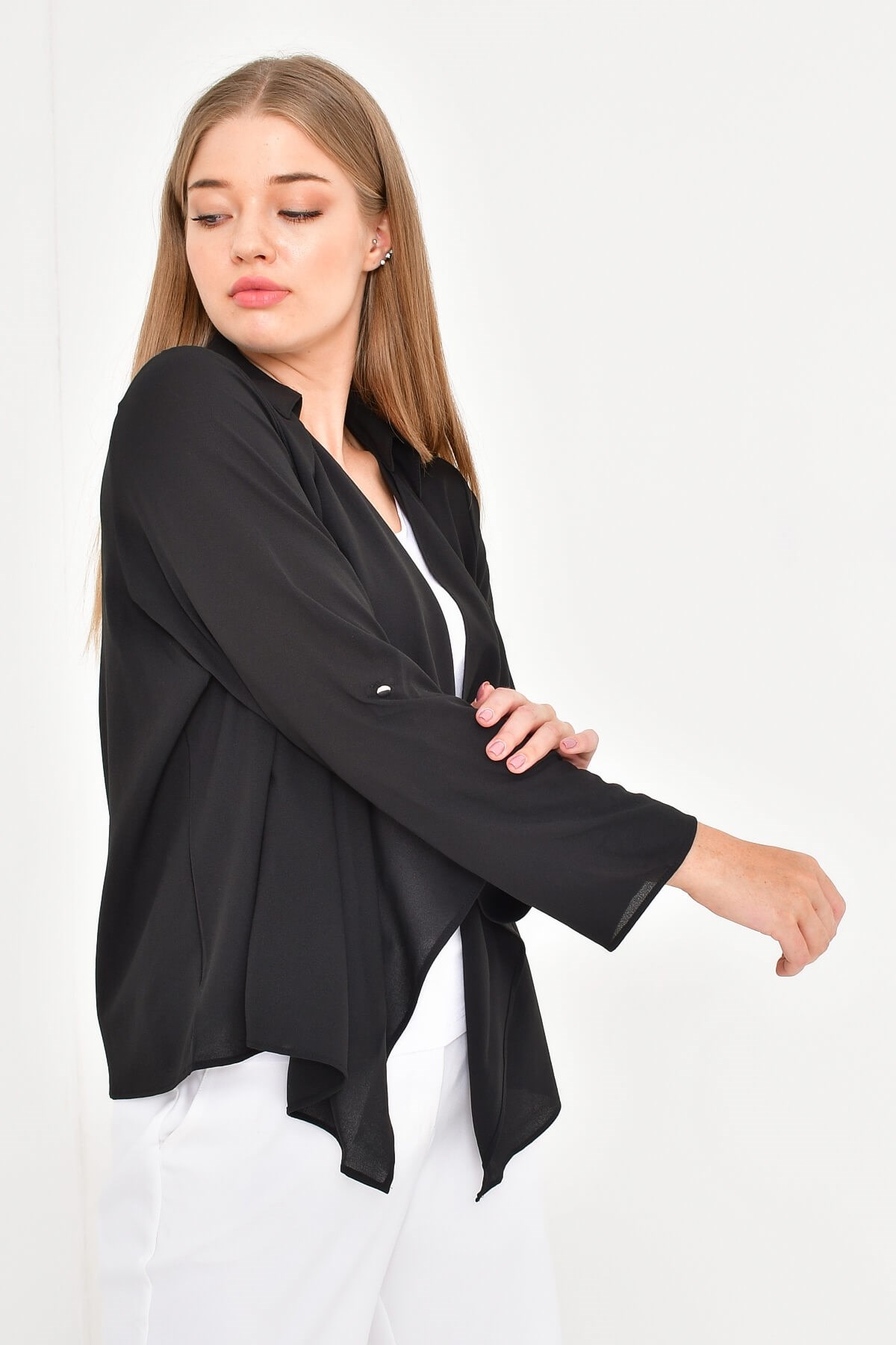 Myline-Önü Volanlı Krep Bluz Ceket-Büyük Beden Ceket-12495-m