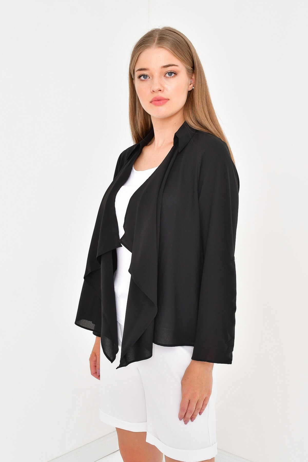 Myline-Önü Volanlı Krep Bluz Ceket-Büyük Beden Ceket-12495-m