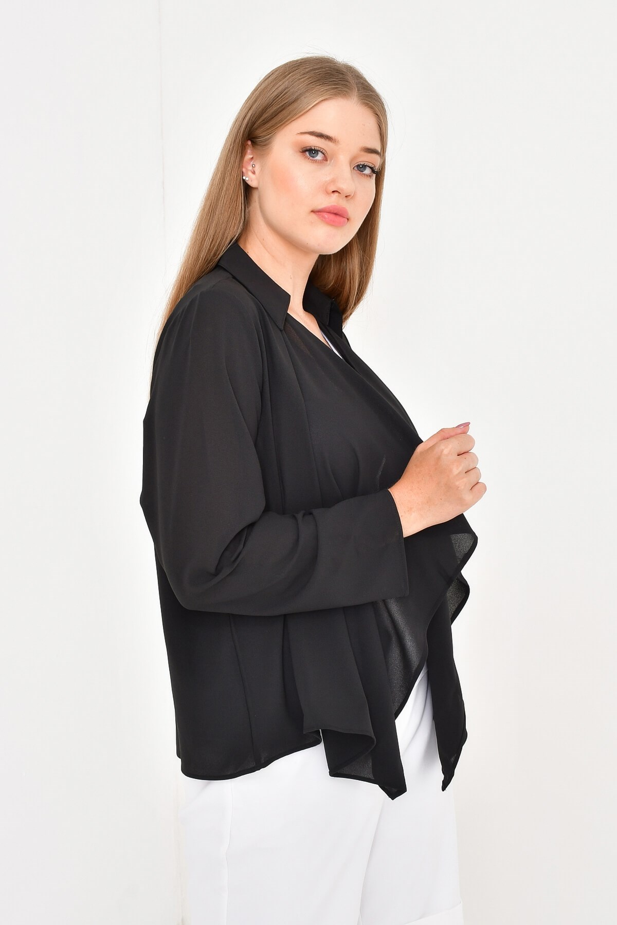 Myline-Önü Volanlı Krep Bluz Ceket-Büyük Beden Ceket-12495-m