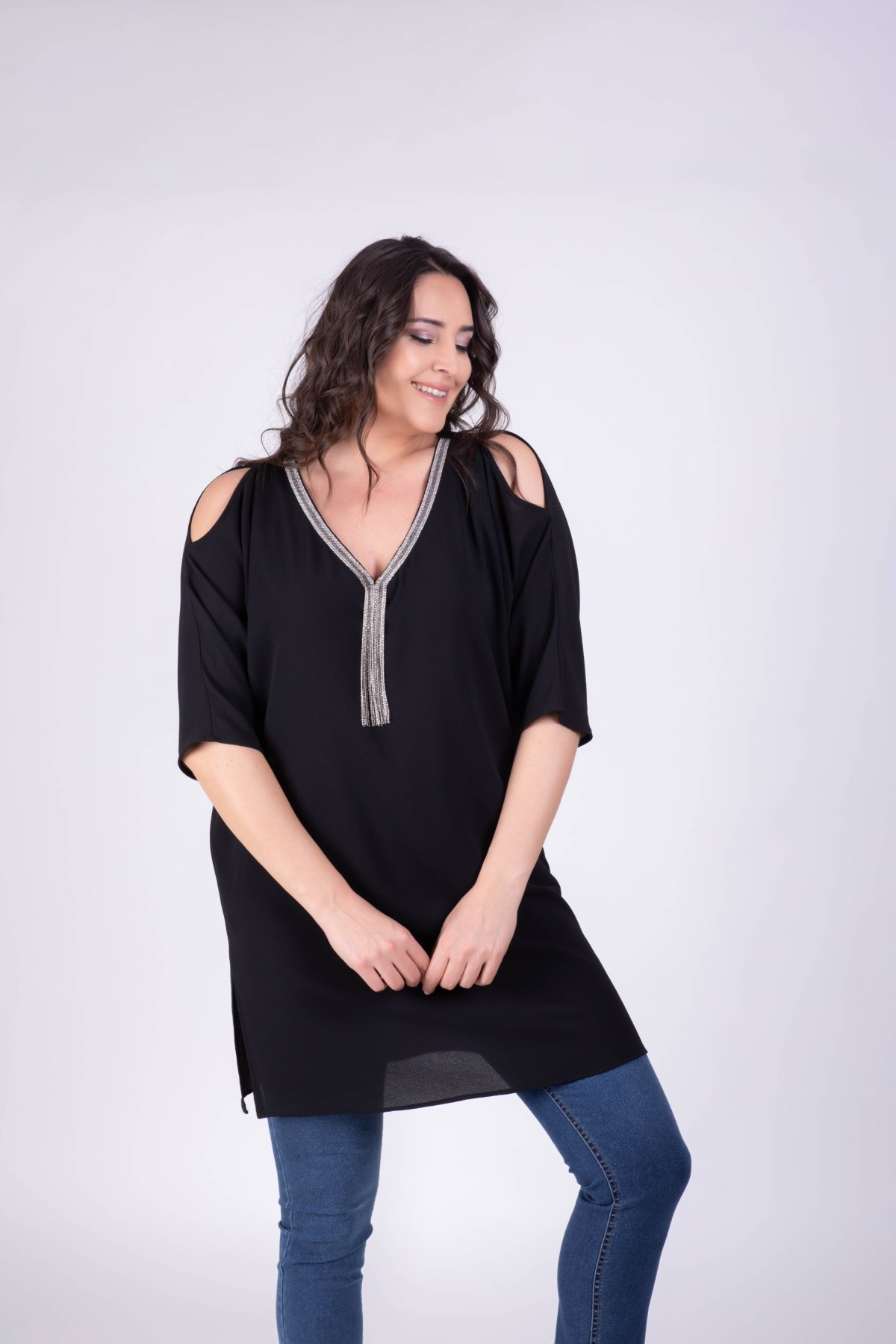 Myline-Önü Zincirli Omuzları Açık Yırtmaçlı Tunik-Büyük Beden Tunik-13346-m
